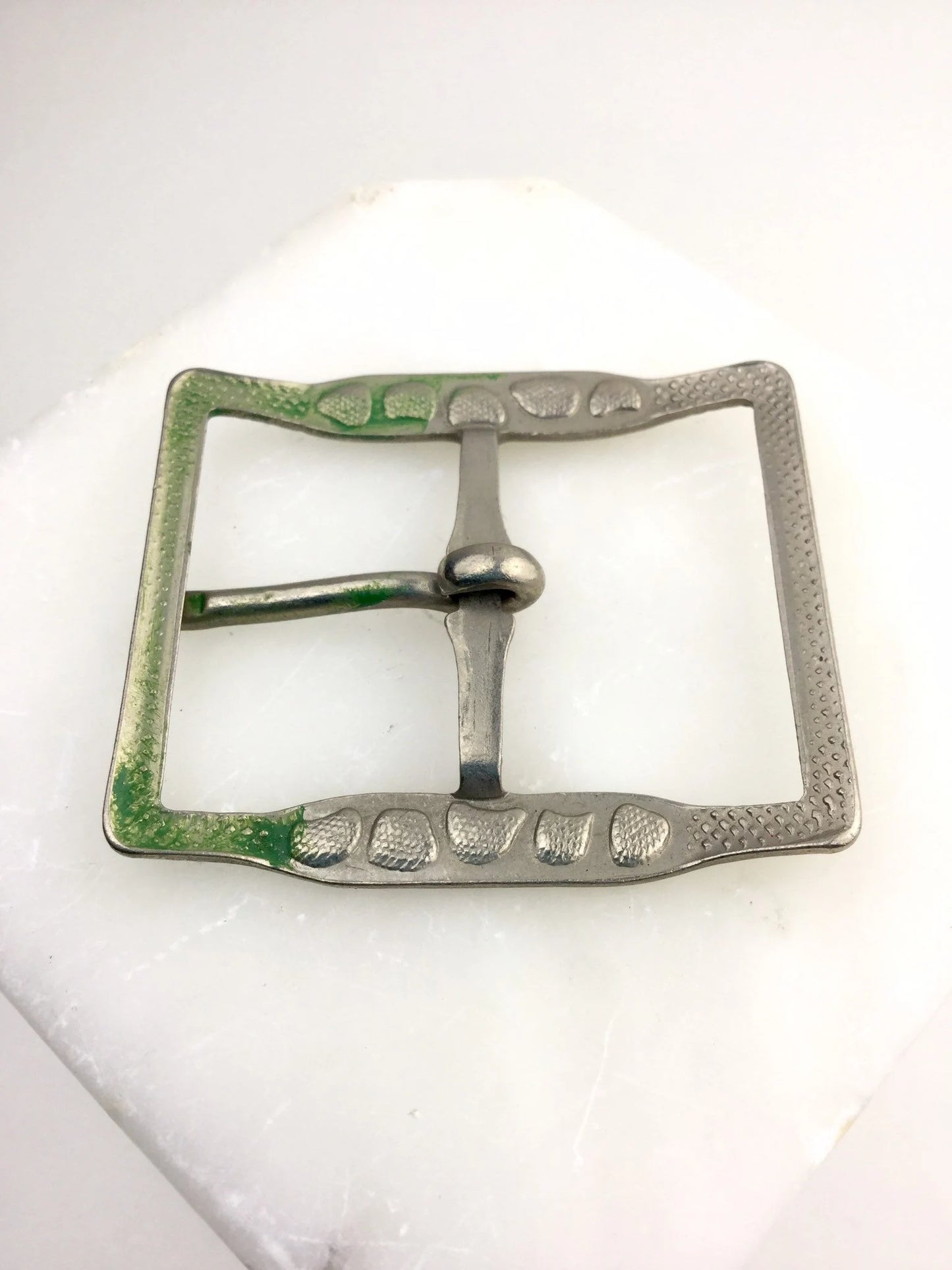 Vintage 1920s Green and Silver 2" Square Engraved Metal Belt Buckle 