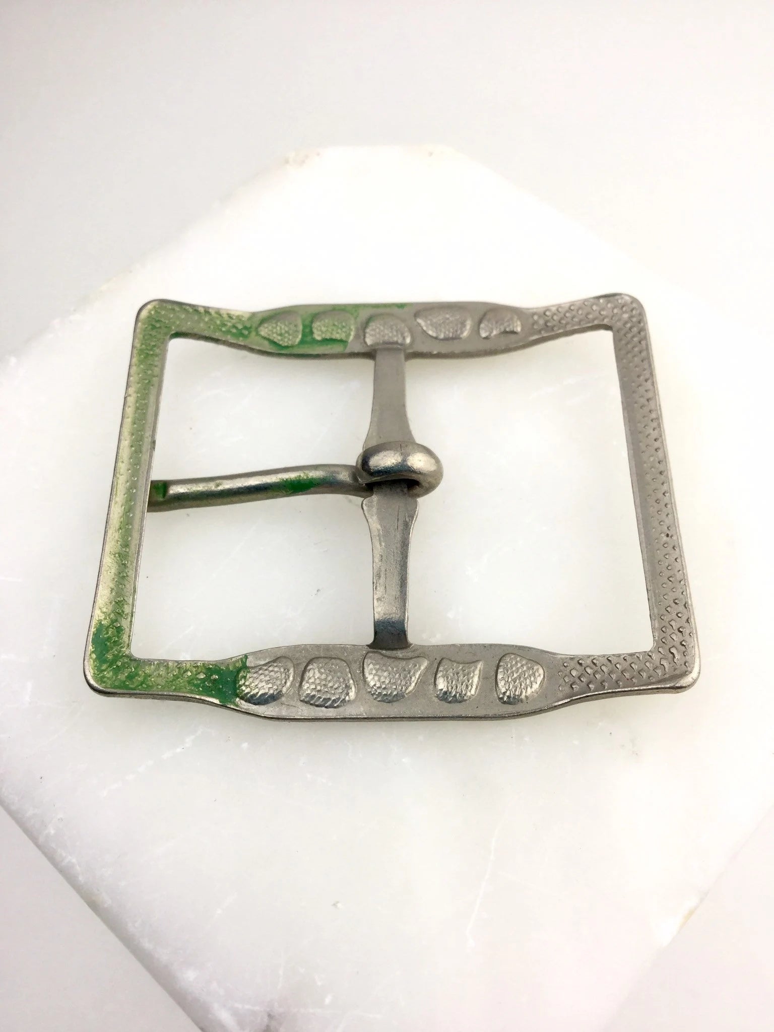 Vintage 1920s Green and Silver 2" Square Engraved Metal Belt Buckle 