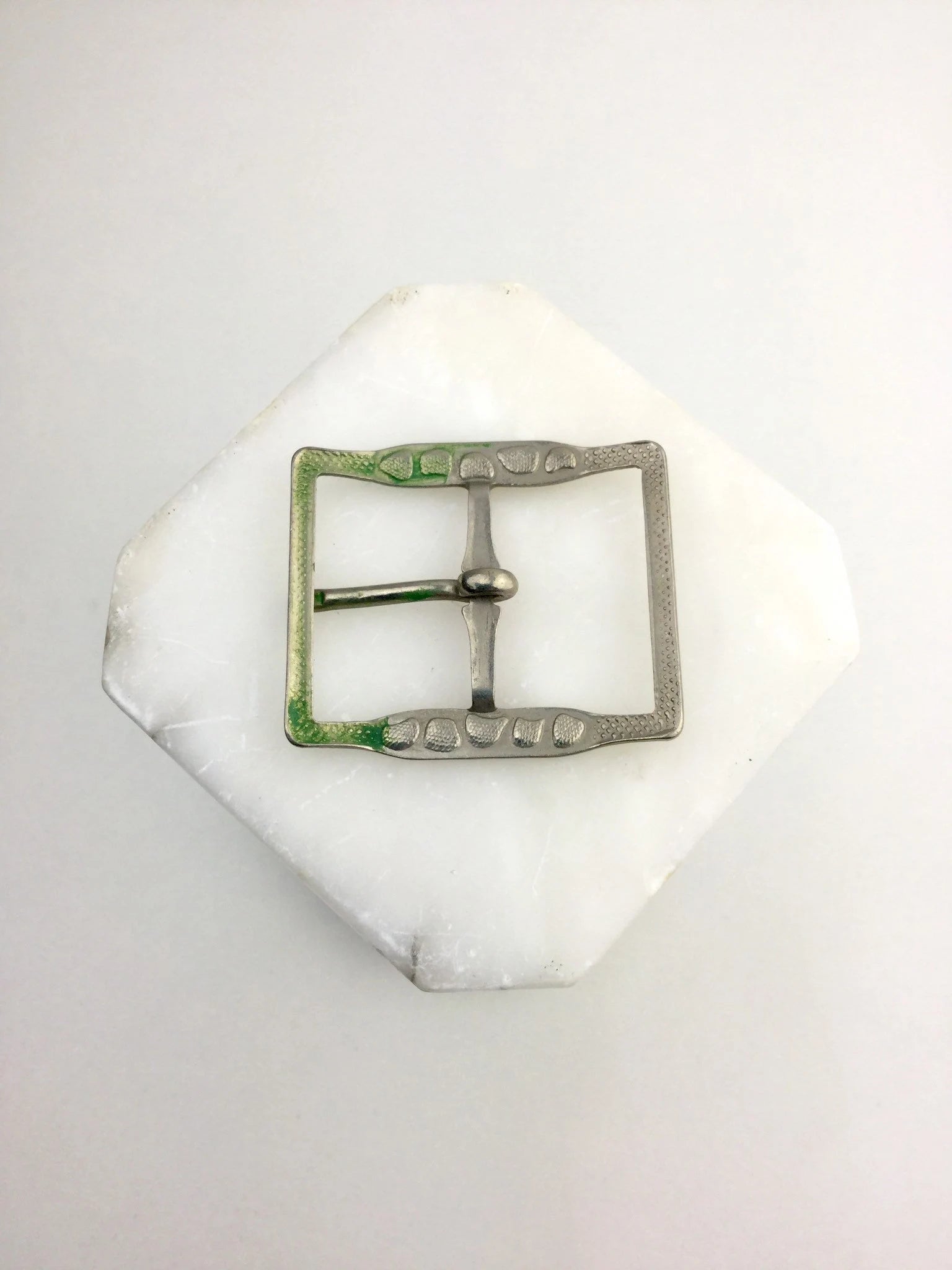 Vintage 1920s Green and Silver 2" Square Engraved Metal Belt Buckle 
