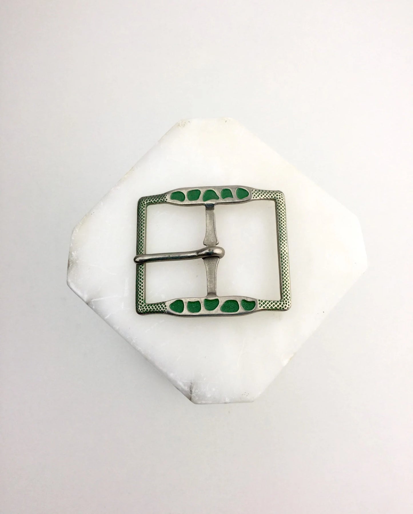 Vintage 1920s Green and Silver 2" Square Engraved Metal Belt Buckle 