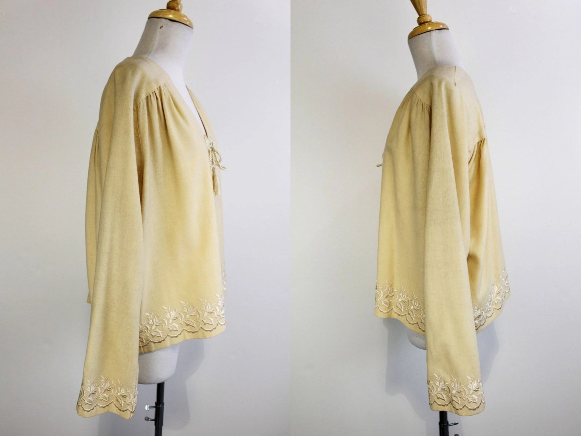 Vintage 1950s Cream Embroidered Wool Open Topper/Dress Jacket, Large