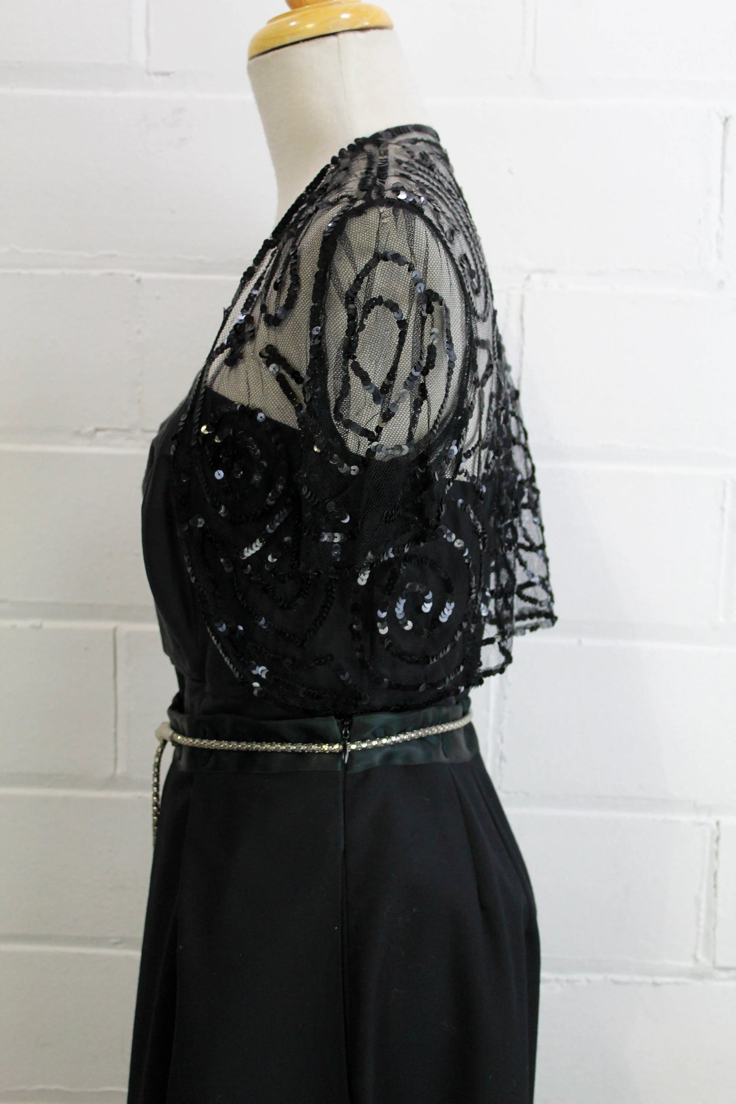 Vintage 1930s Black Bobbinette Lace Net Sequin Bolero, XS