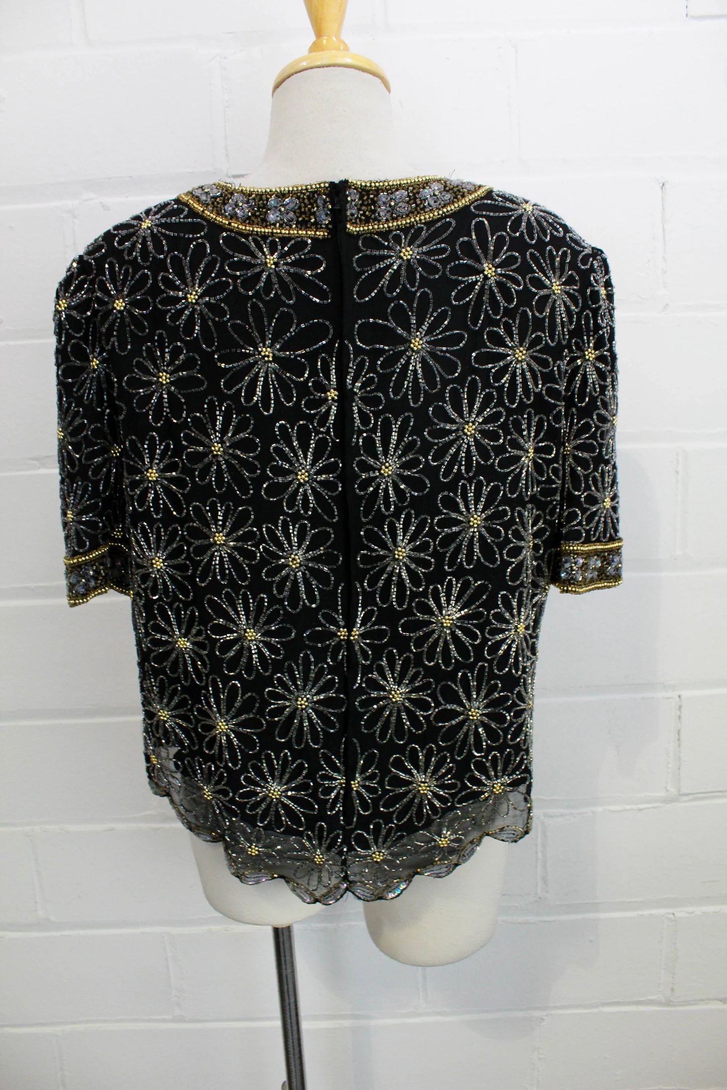 Vintage 1980s Floral Daisy Beaded Black Silk Top, Medium