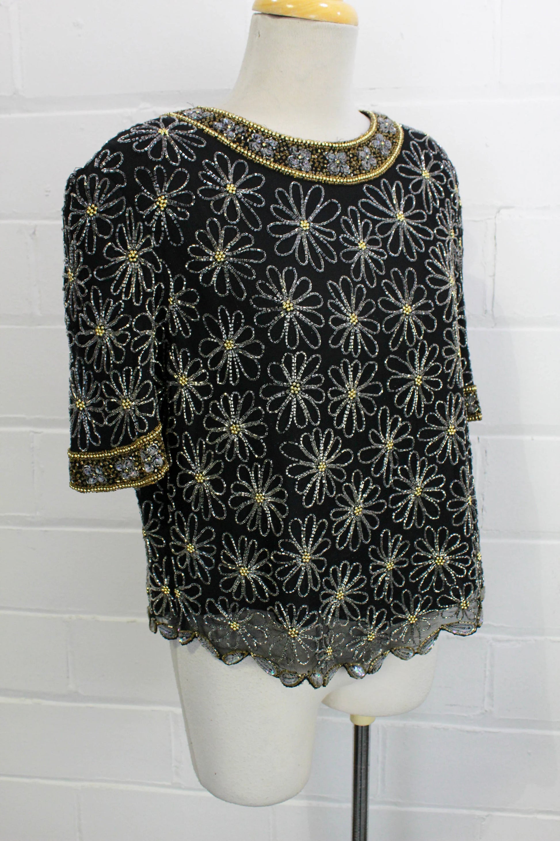 Vintage 1980s Floral Daisy Beaded Black Silk Top, Medium