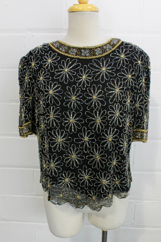 Vintage 1980s Floral Daisy Beaded Black Silk Top, Medium