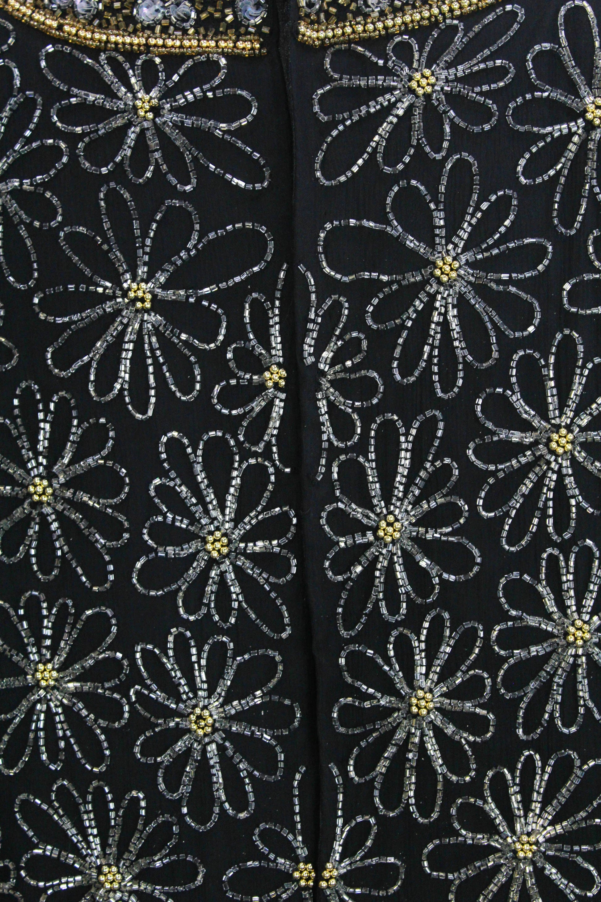 Vintage 1980s Floral Daisy Beaded Black Silk Top, Medium