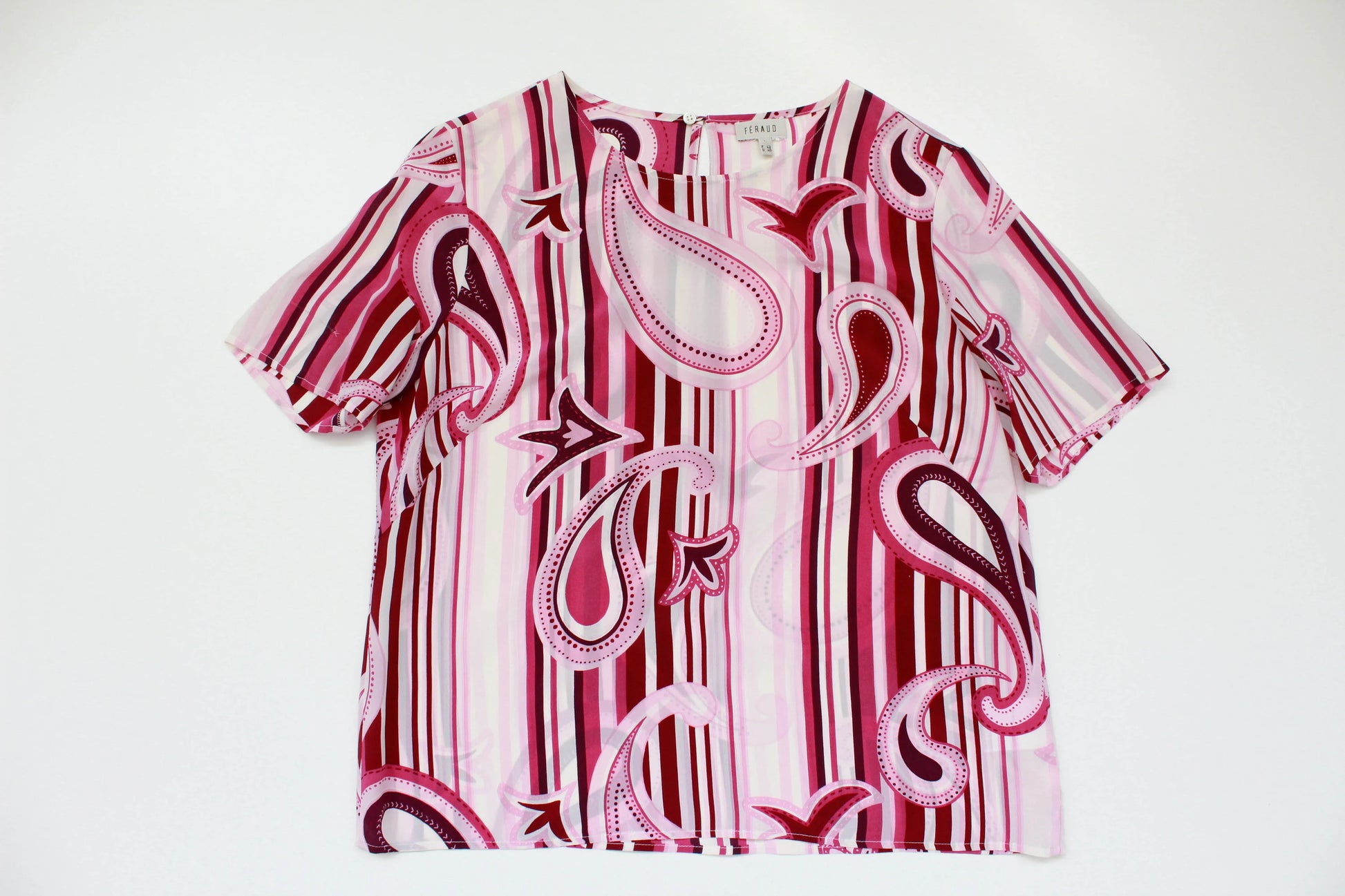 Vintage 1990s Louis Féraud Pink Paisley Stripe Short Sleeve Silk Top, Medium