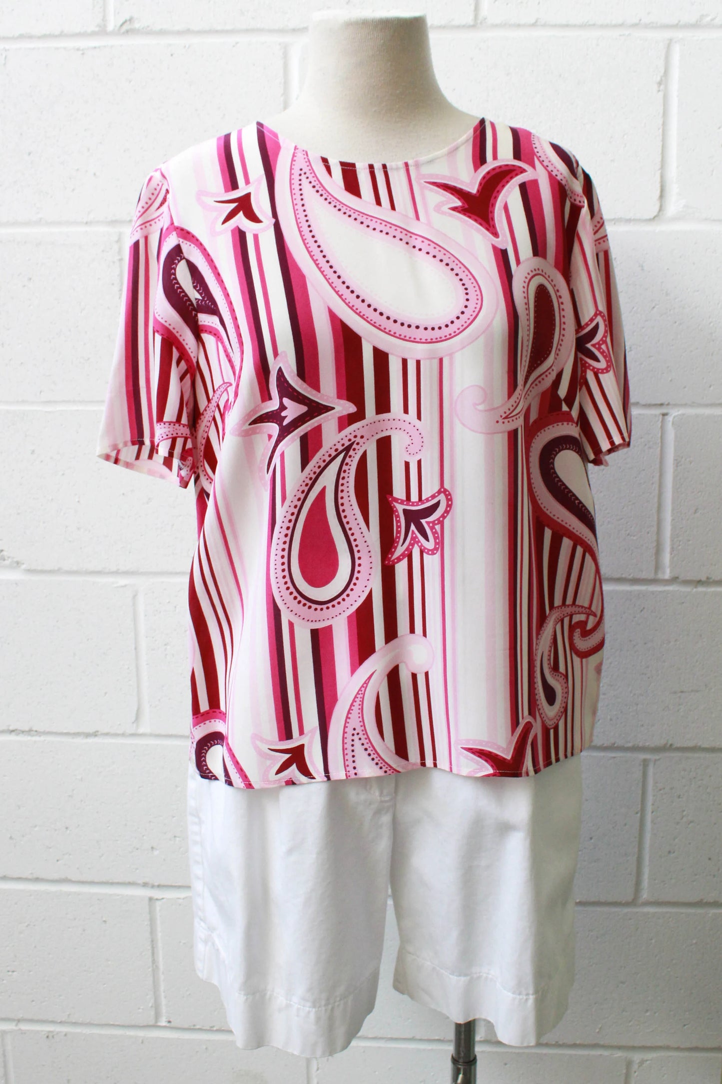 Vintage 1990s Louis Féraud Pink Paisley Stripe Short Sleeve Silk Top, Medium