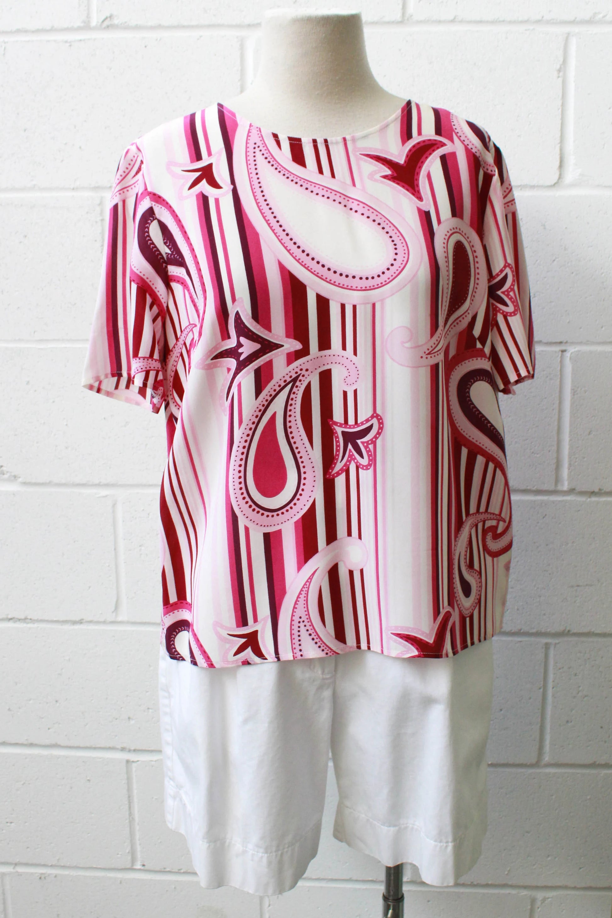 Vintage 1990s Louis Féraud Pink Paisley Stripe Short Sleeve Silk Top, Medium