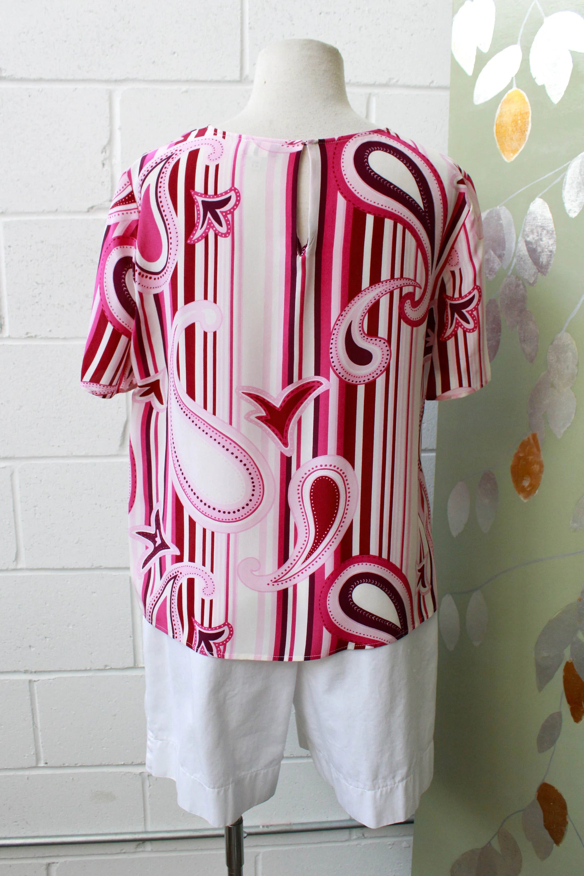 Vintage 1990s Louis Féraud Pink Paisley Stripe Short Sleeve Silk Top, Medium