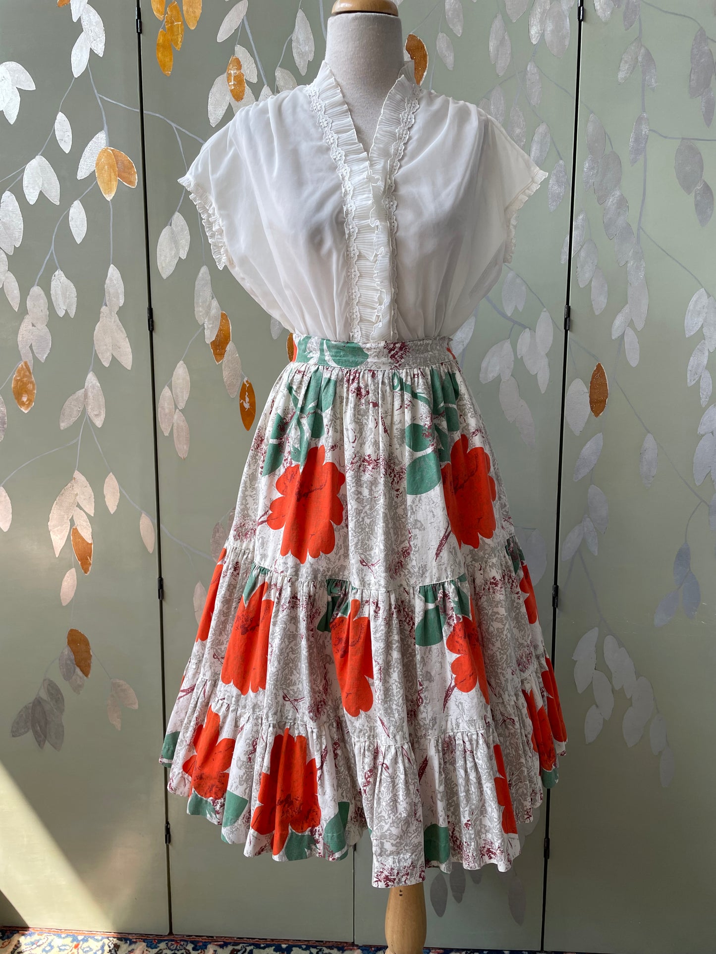 1950s Orange Flower Print Cotton Skirt, Tiered Ruffle Skirt, Waist 25"