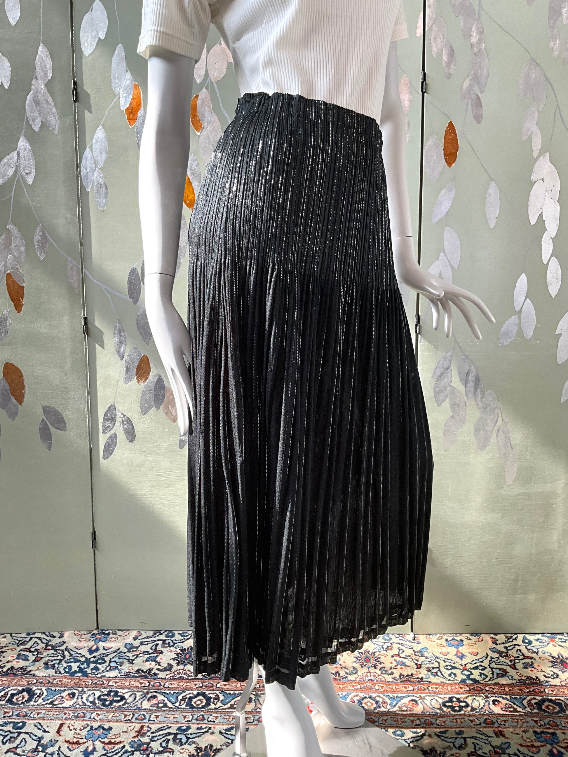 Vintage 1990s Issey Miyake Black and Silver Metallic Pleated Midi