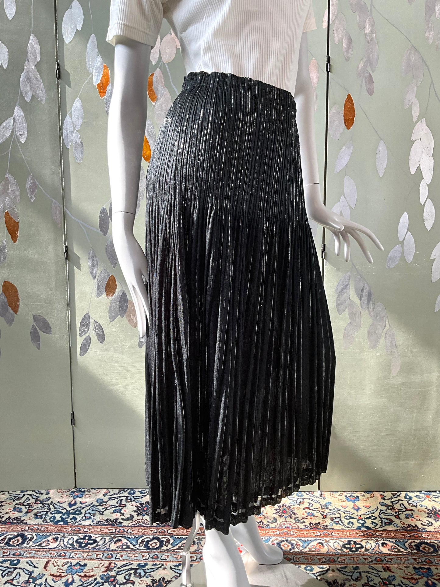 Vintage 1990s Issey Miyake Black and Silver Metallic Pleated Maxi Skirt, Medium 