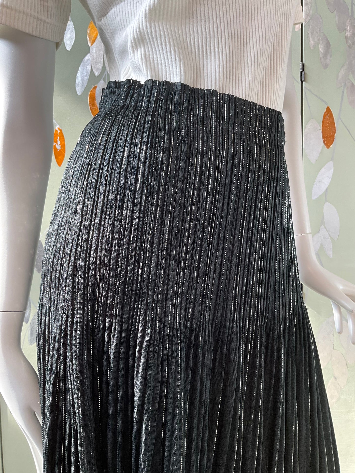 Vintage 1990s Issey Miyake Black and Silver Metallic Pleated Maxi Skirt, Medium 