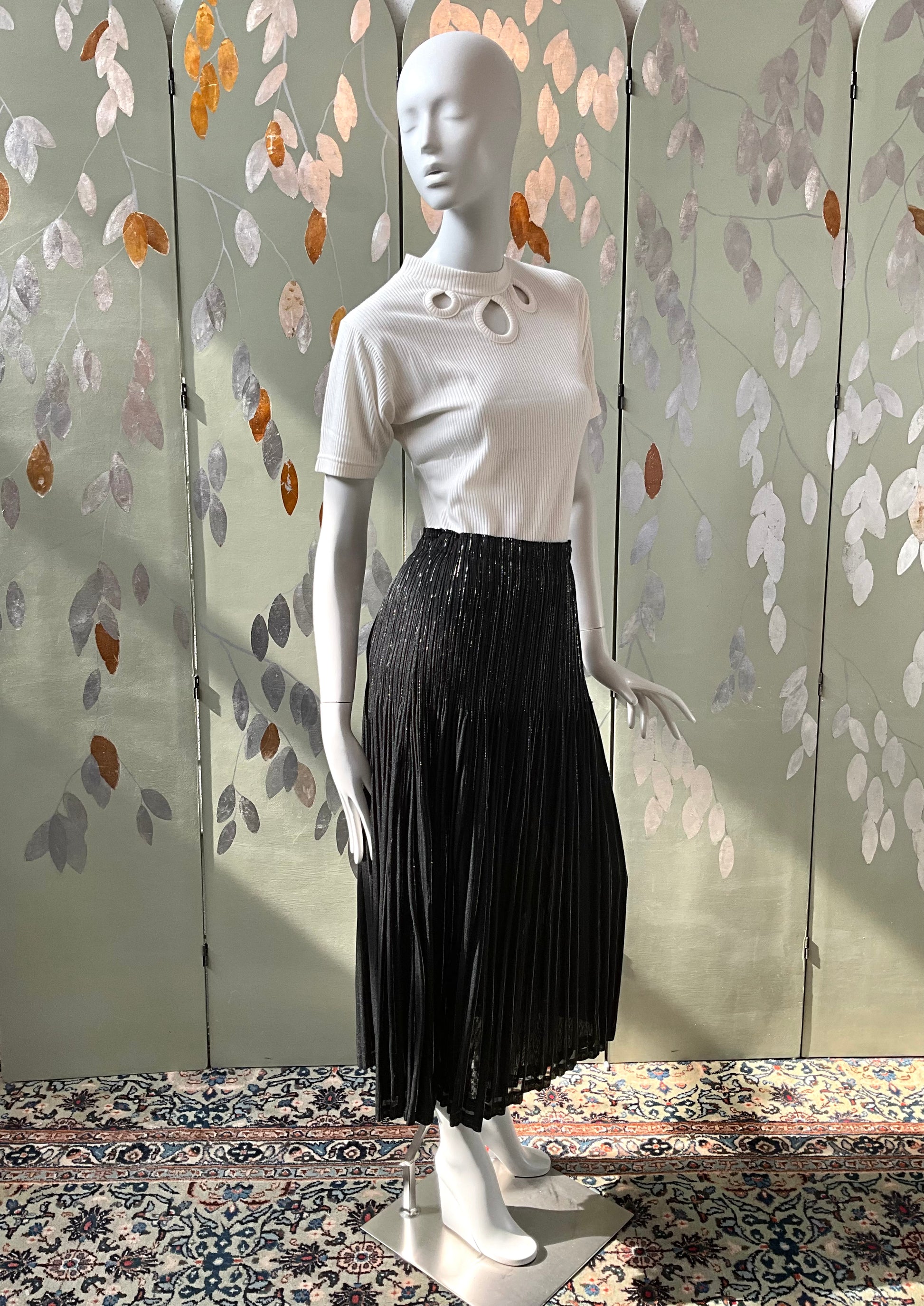 Vintage 1990s Issey Miyake Black and Silver Metallic Pleated Maxi Skirt, Medium 