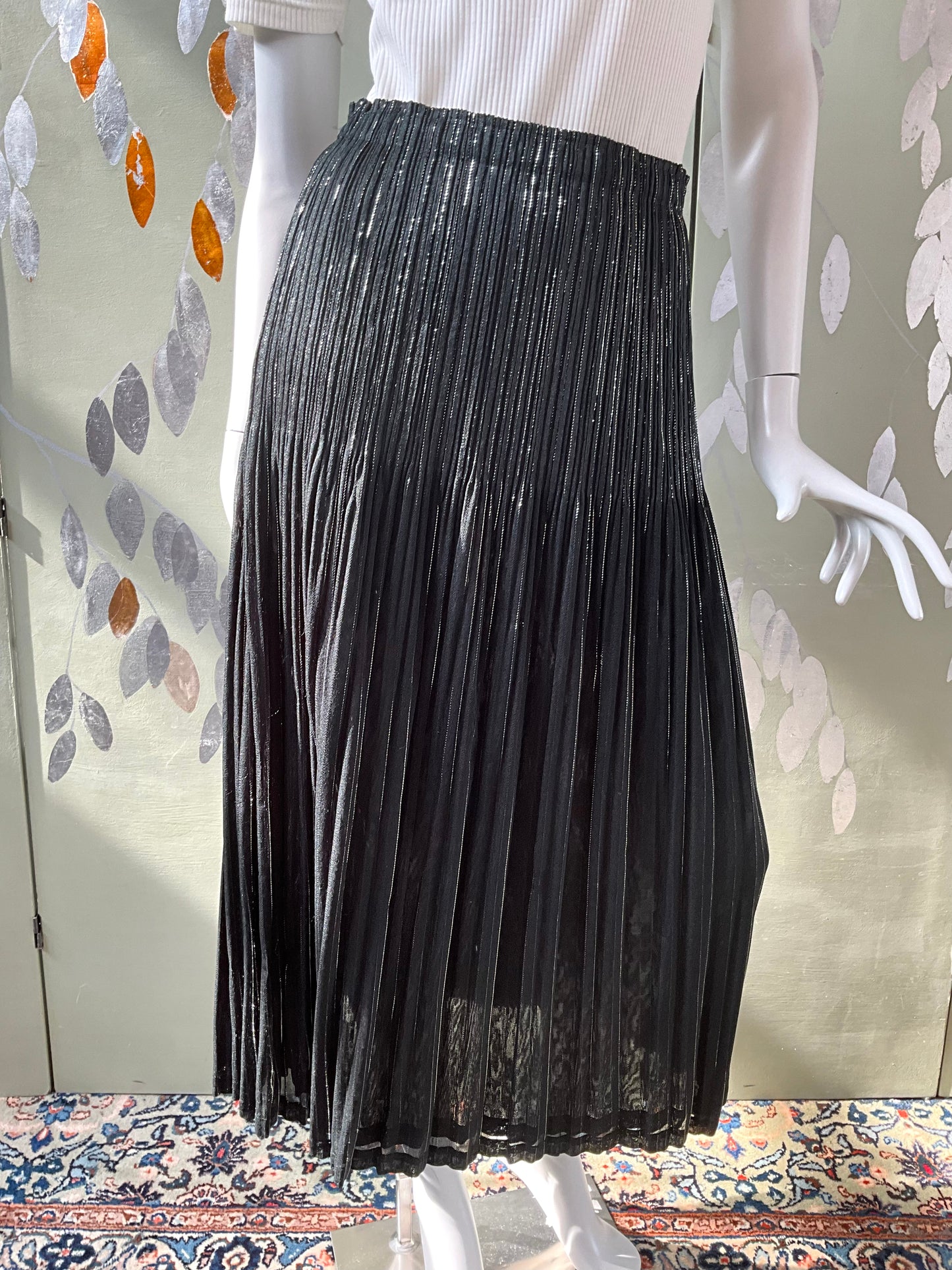 Vintage 1990s Issey Miyake Black and Silver Metallic Pleated Maxi Skirt, Medium 