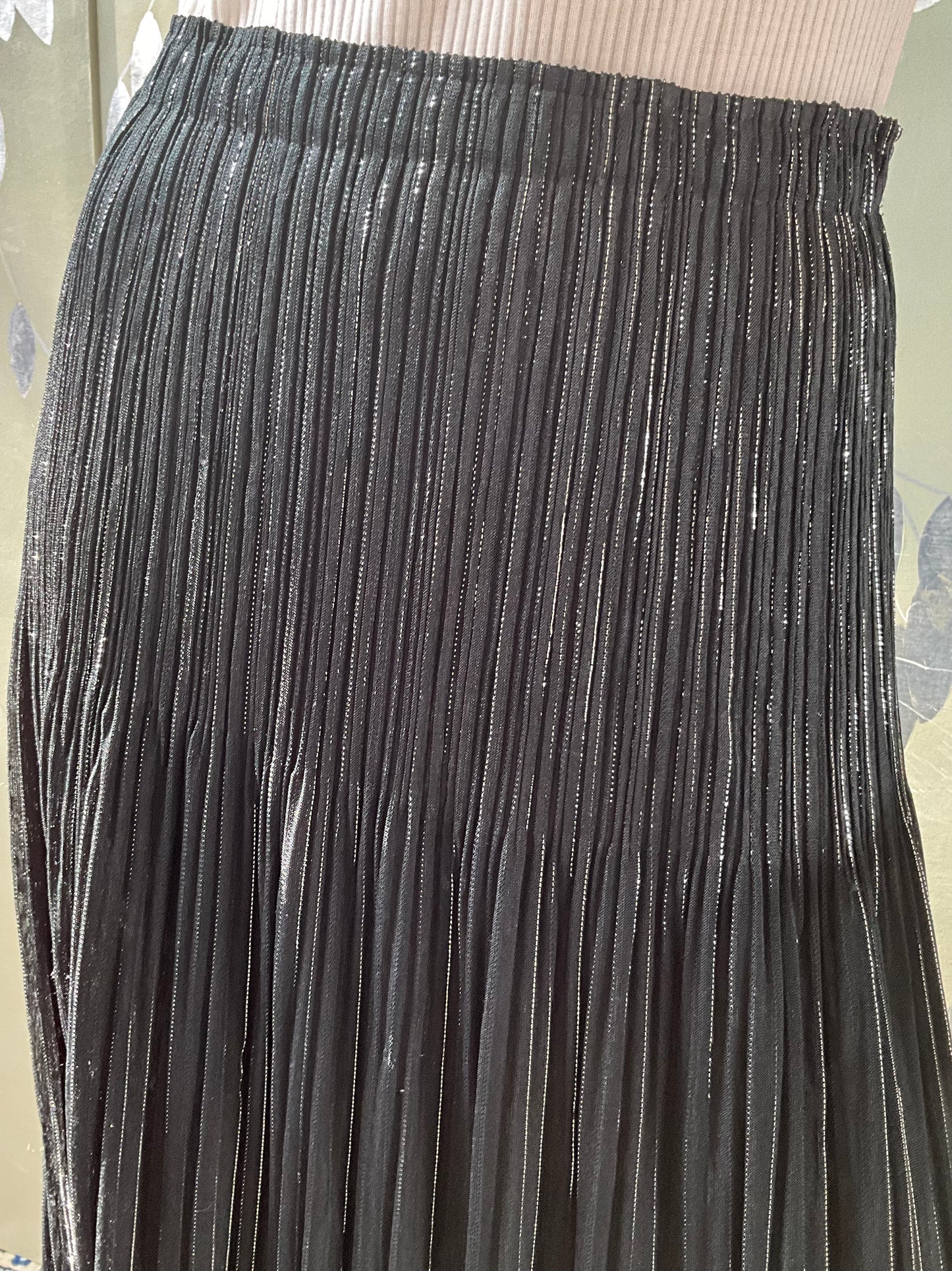 Vintage 1990s Issey Miyake Black and Silver Metallic Pleated Maxi Skirt, Medium 