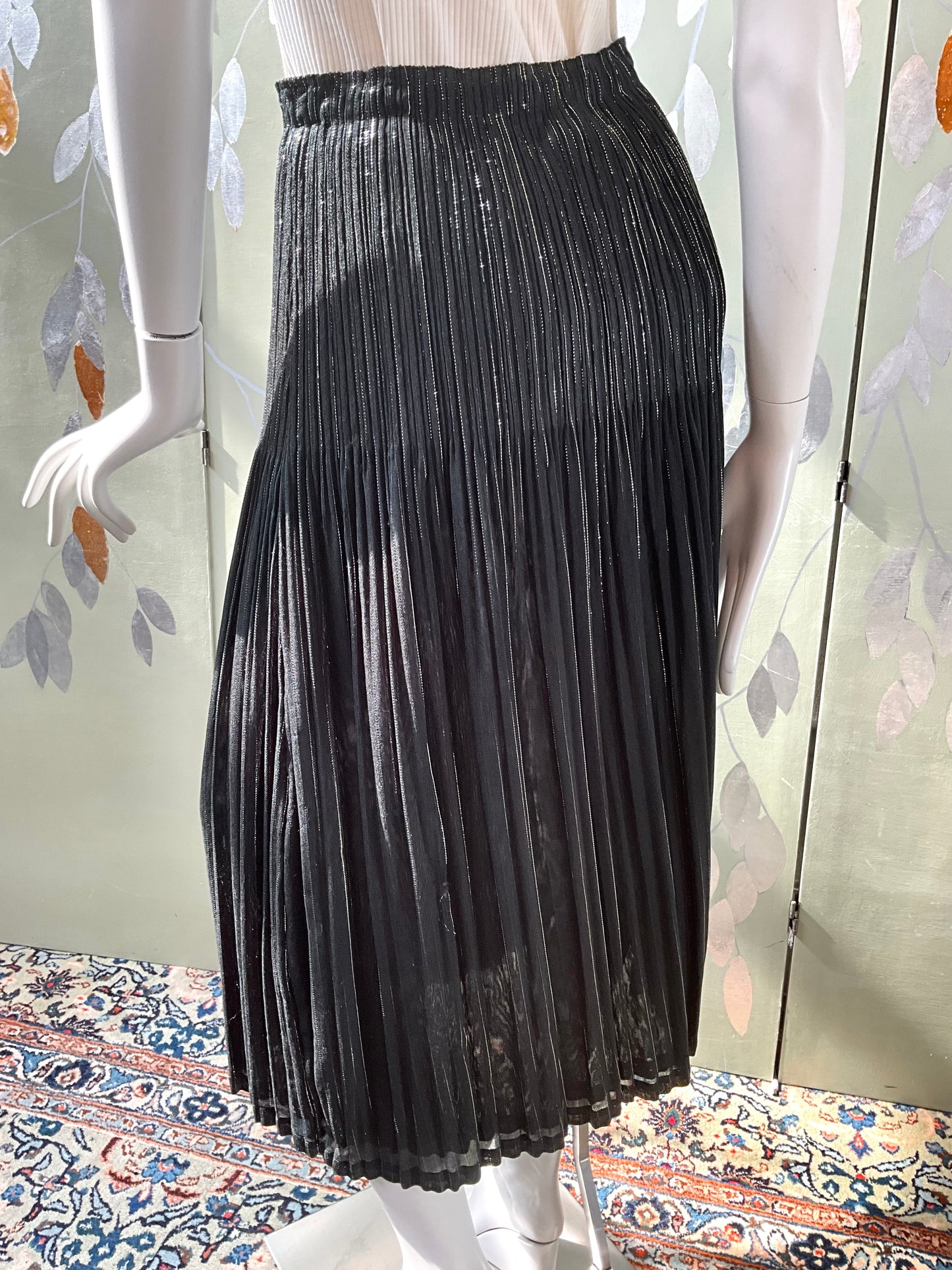 Vintage 1990s Issey Miyake Black and Silver Metallic Pleated Maxi Skirt, Medium 