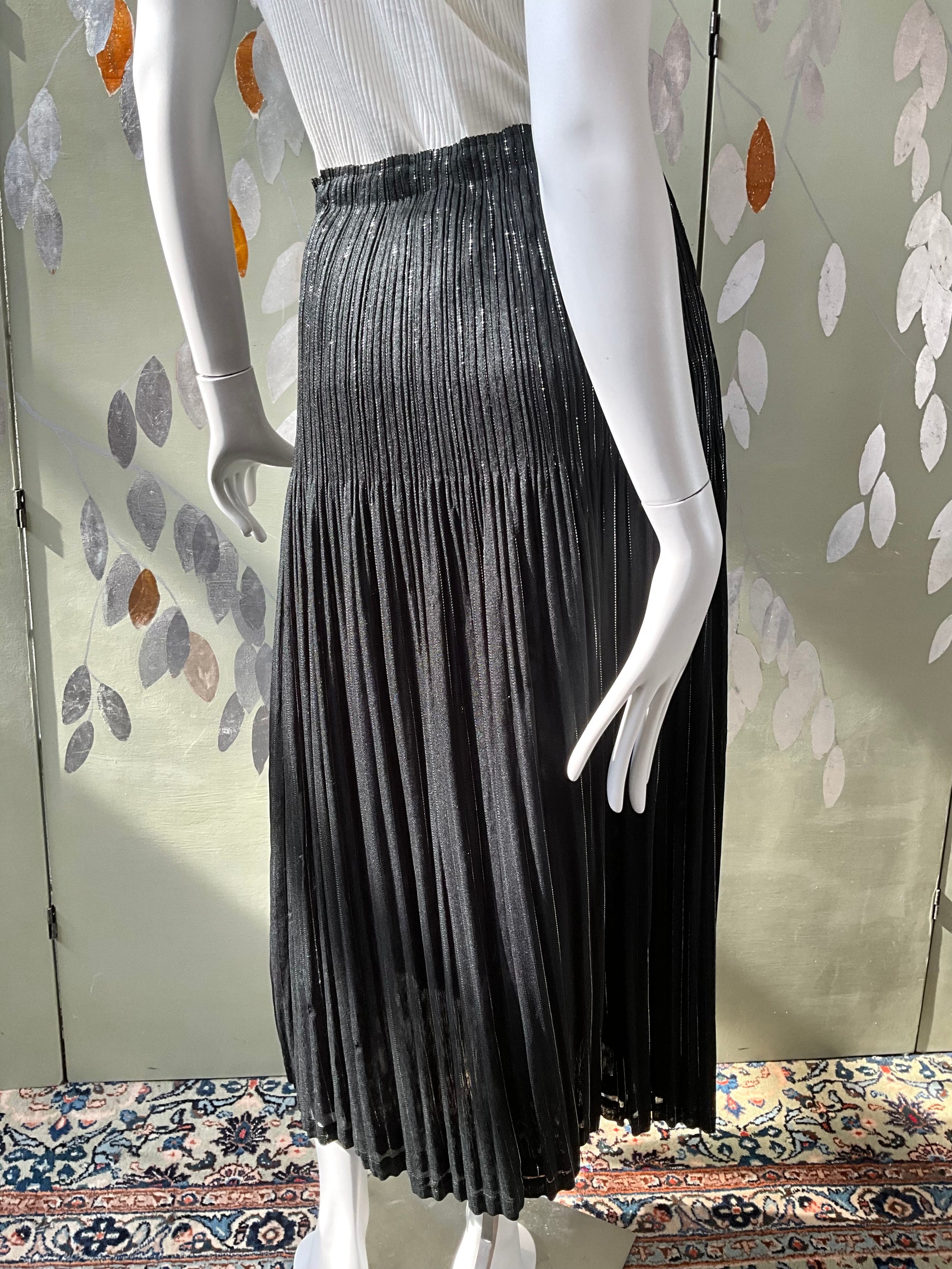 Vintage 1990s Issey Miyake Black and Silver Metallic Pleated Maxi Skirt, Medium 