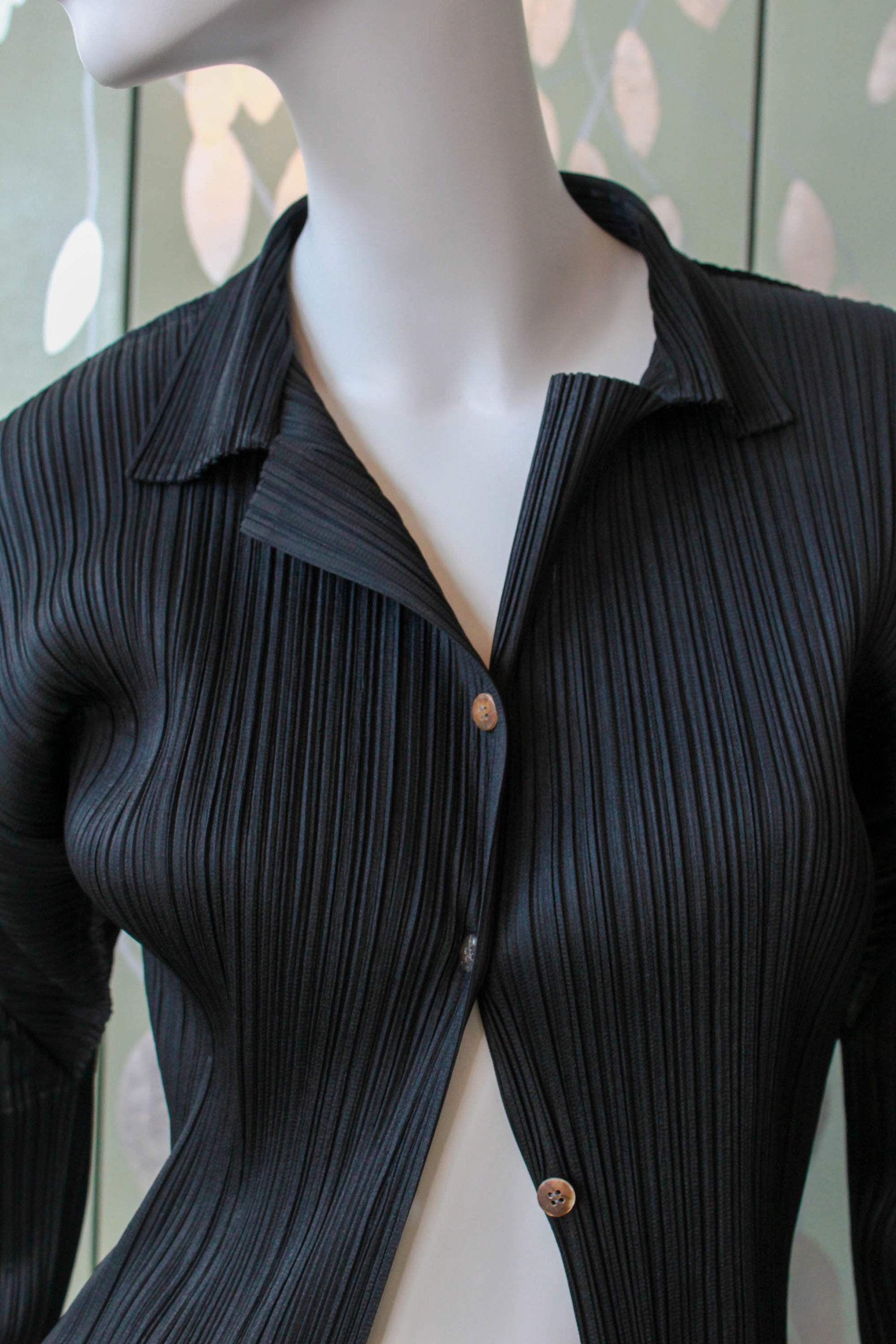y2k early 2000s issey miyake pleats please button up shirt black with angled and pointed, structurally seamed shoulders, vintage designer clothing