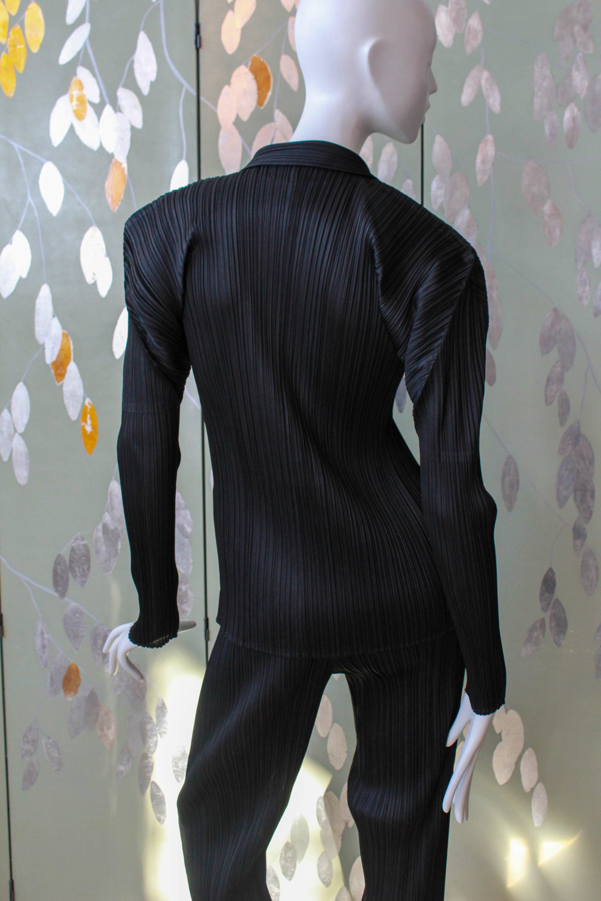 y2k early 2000s issey miyake pleats please button up shirt black with angled and pointed, structurally seamed shoulders, vintage designer clothing