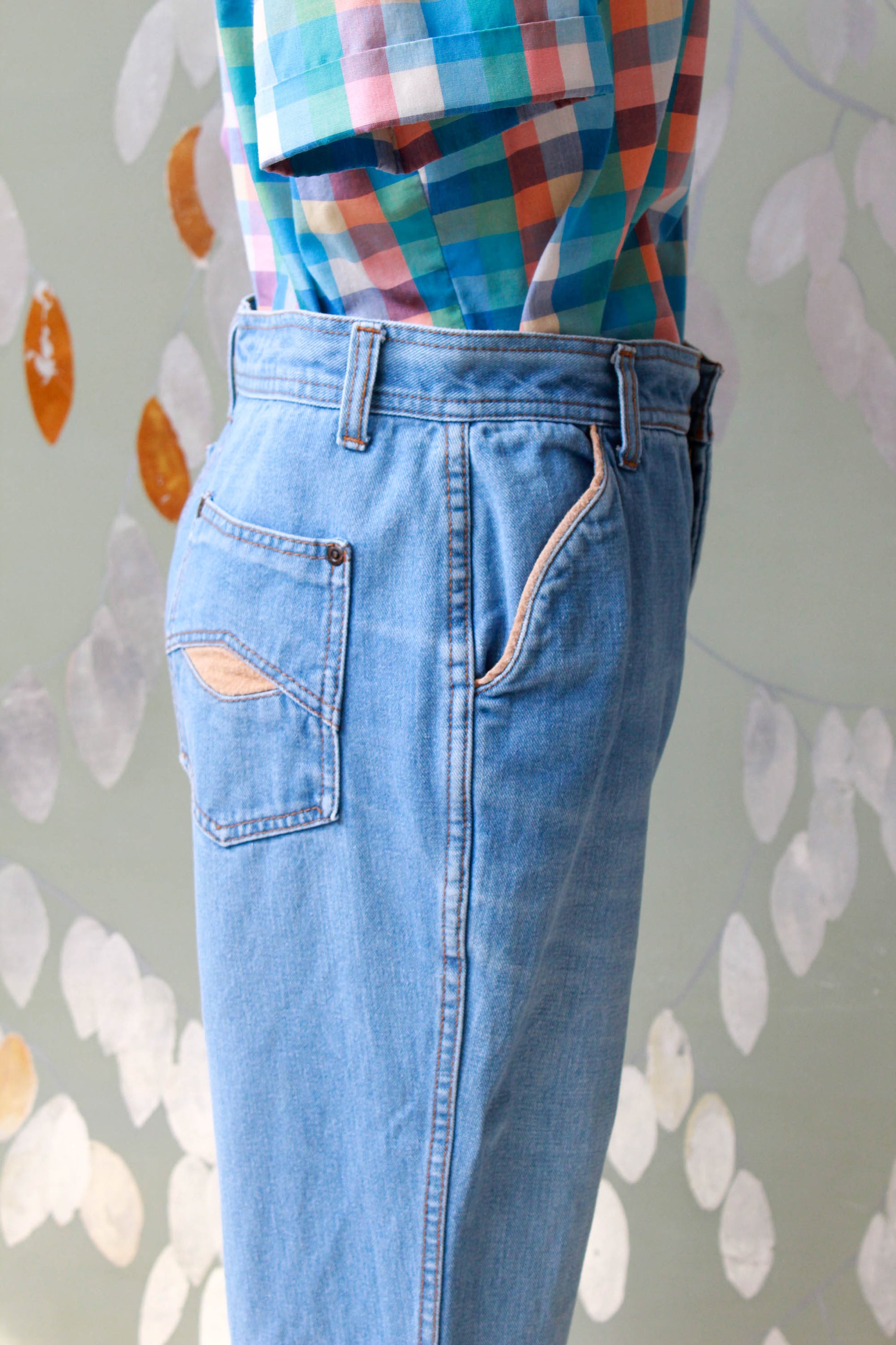 1970s lightwash flare jeans high waisted, made by k mart 100% cotton vintage denim