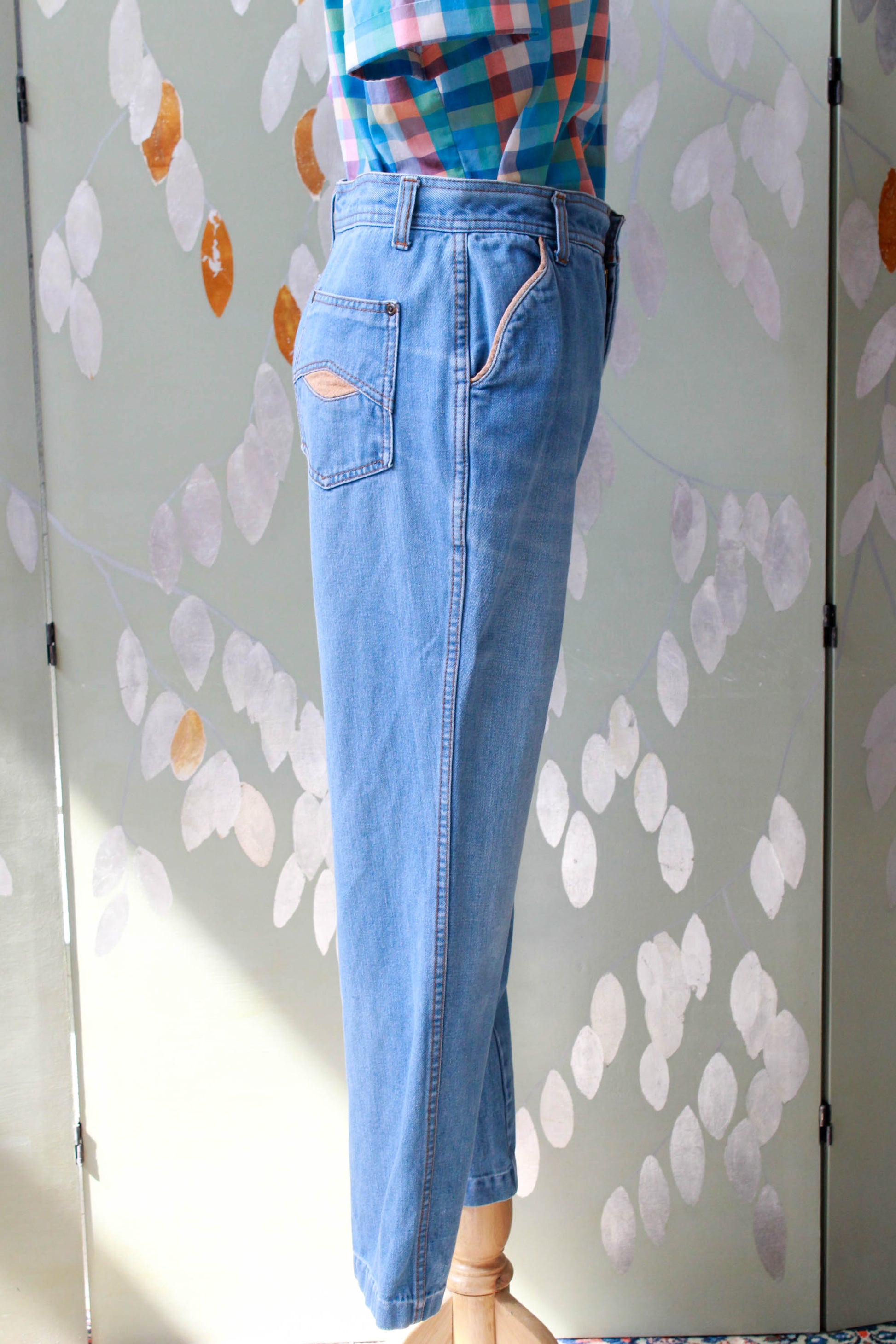 1970s lightwash flare jeans high waisted, made by k mart 100% cotton vintage denim