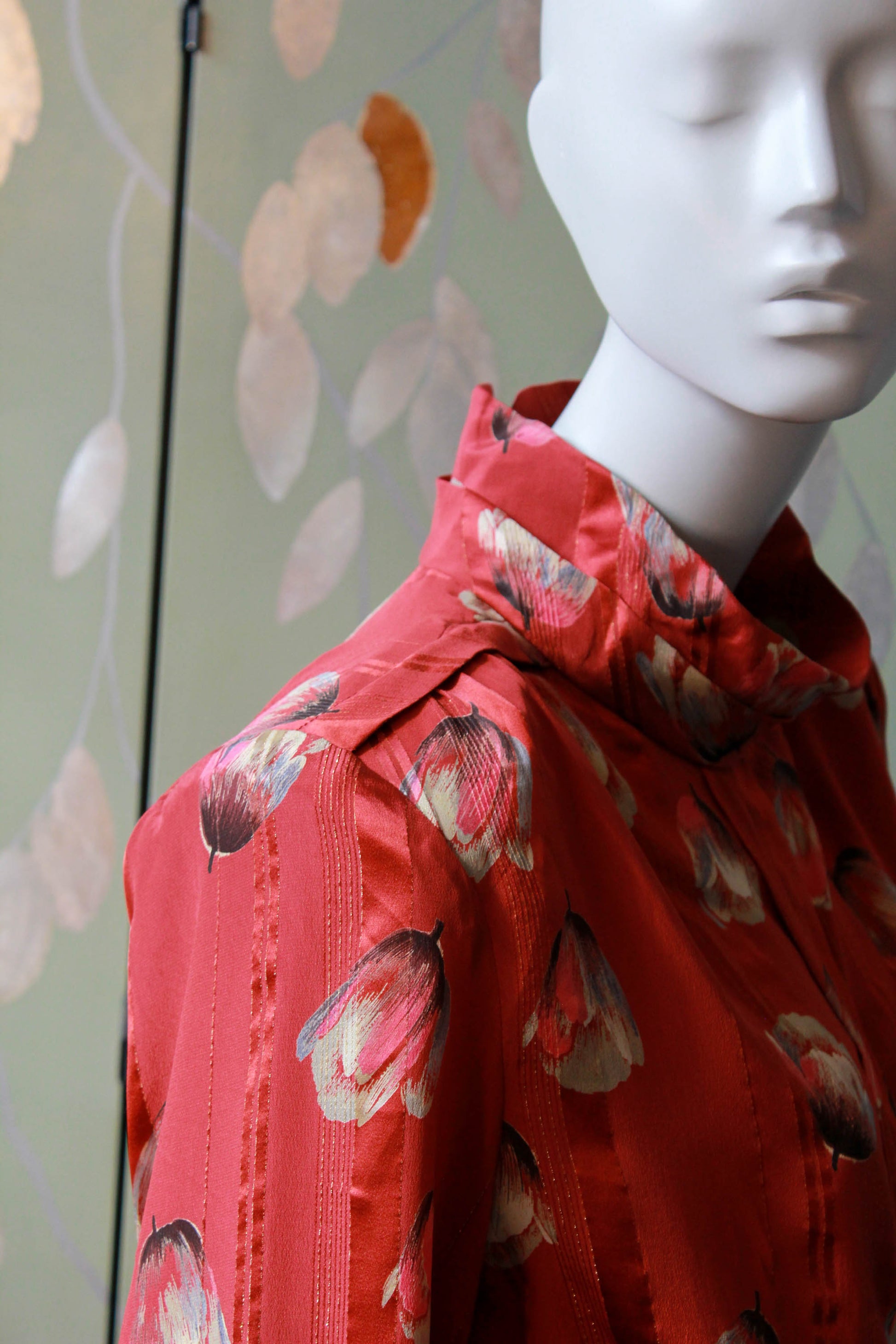 1980s silk tulip print blouse with high collar, centre front pleat, copper/red silk satin 