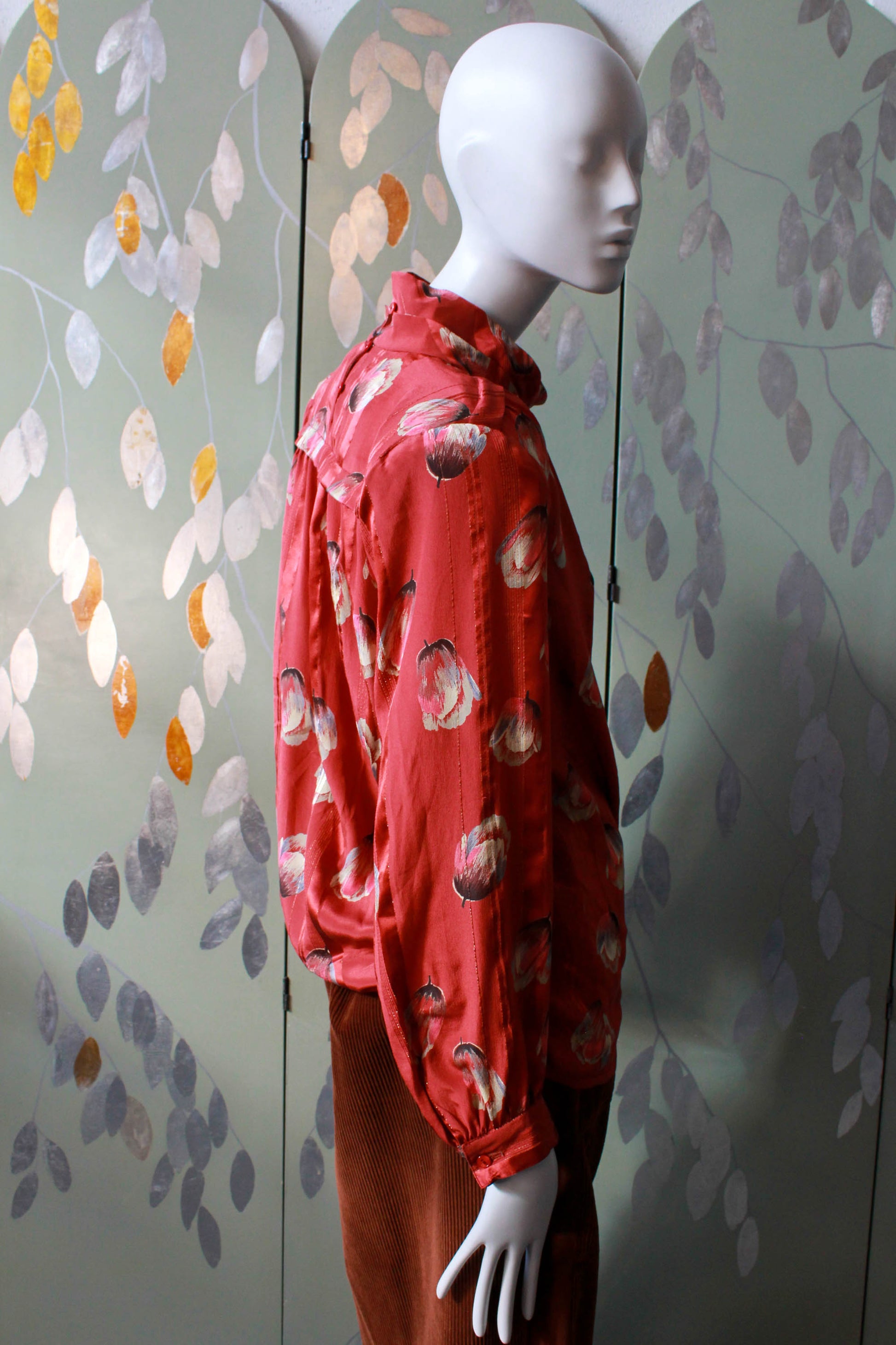 1980s silk tulip print blouse with high collar, centre front pleat, copper/red silk satin 