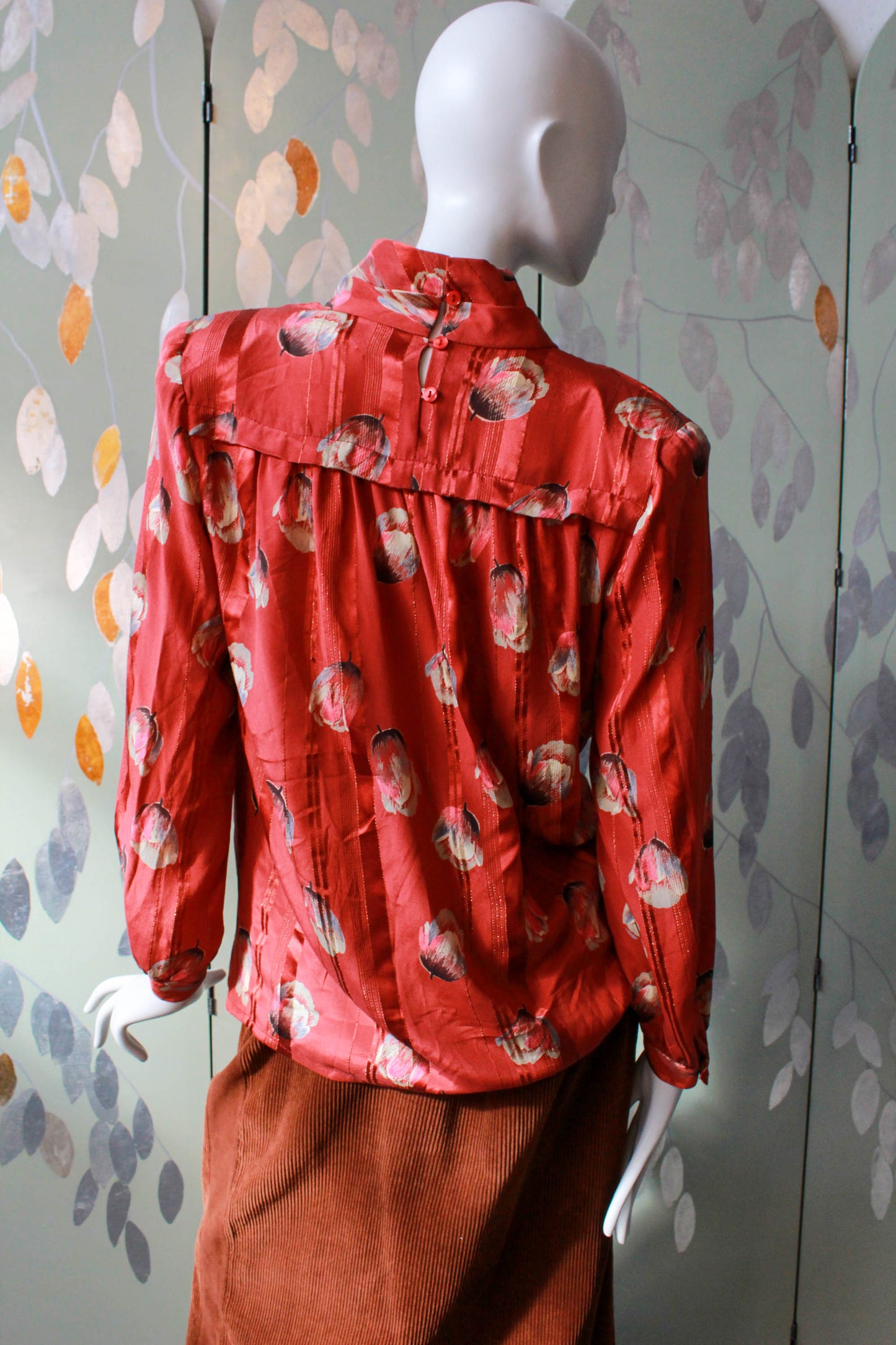 1980s silk tulip print blouse with high collar, centre front pleat, copper/red silk satin 