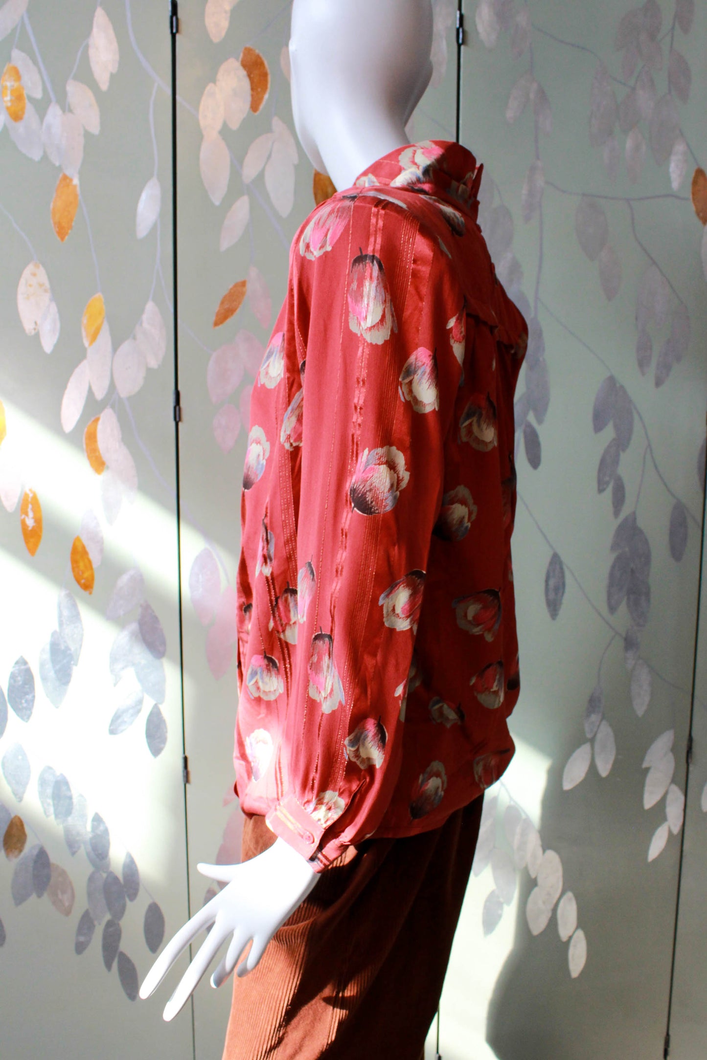 1980s silk tulip print blouse with high collar, centre front pleat, copper/red silk satin 