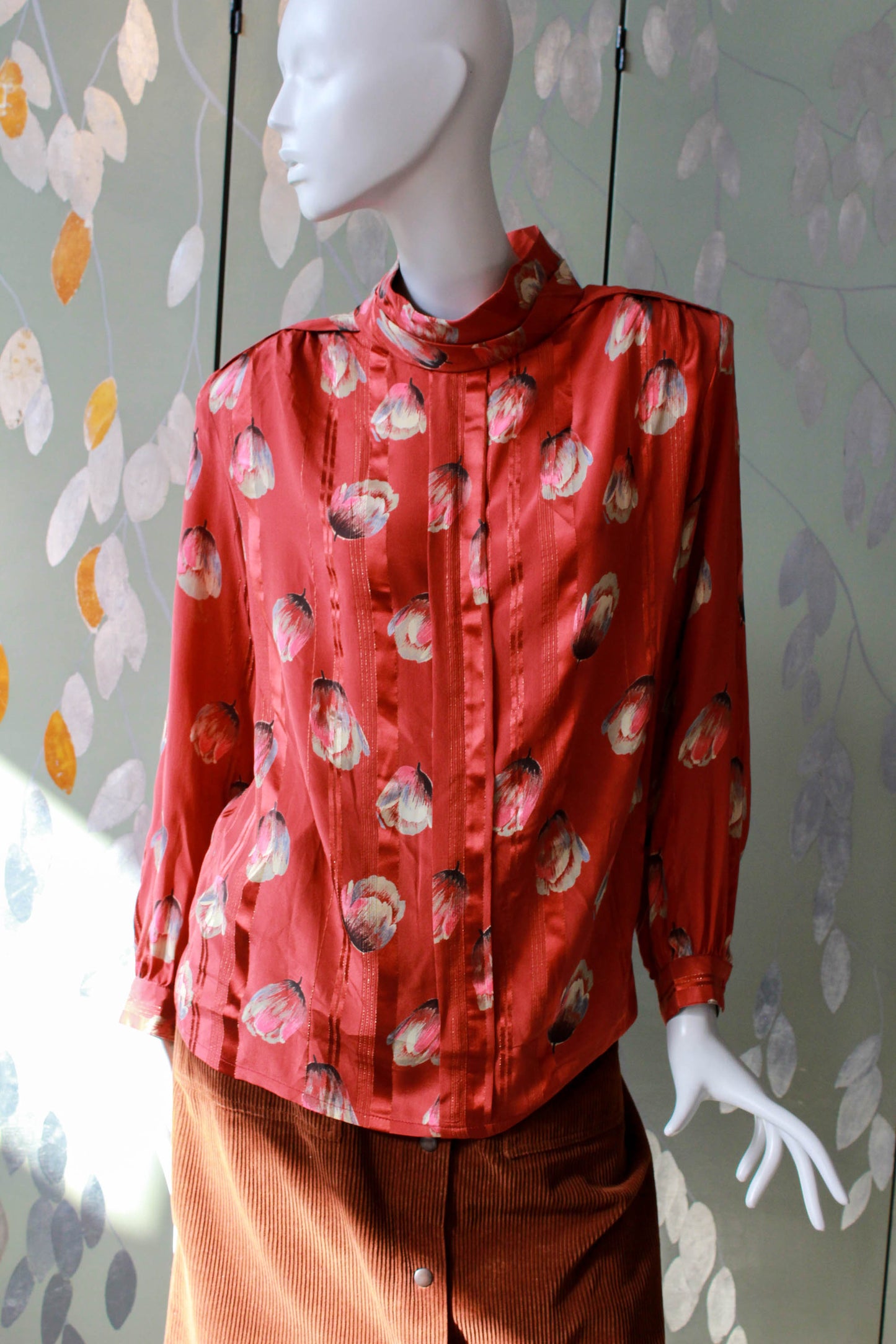 1980s silk tulip print blouse with high collar, centre front pleat, copper/red silk satin 