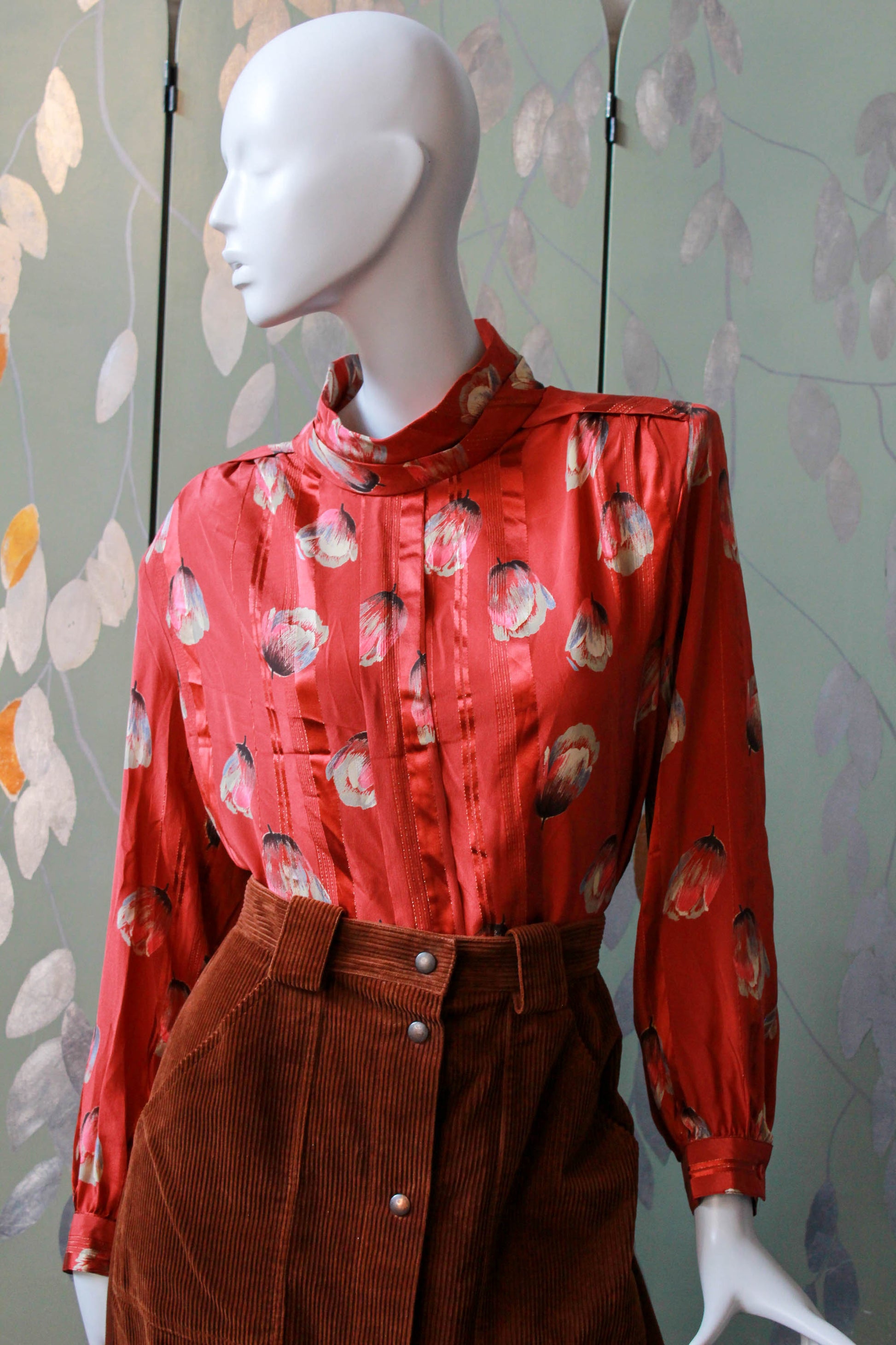 1980s silk tulip print blouse with high collar, centre front pleat, copper/red silk satin 