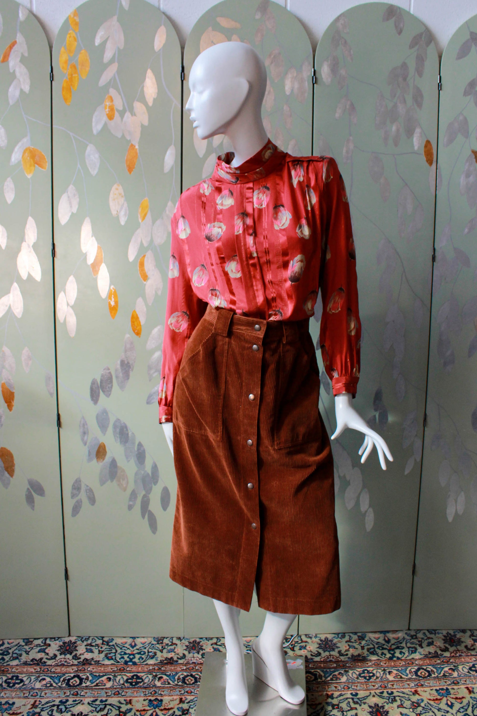 1980s silk tulip print blouse with high collar, centre front pleat, copper/red silk satin 