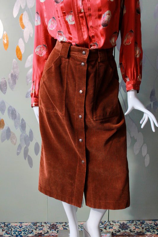 1980s Krizia brown corduroy snap front skirt with large pockets, wide belt loops,  midi length