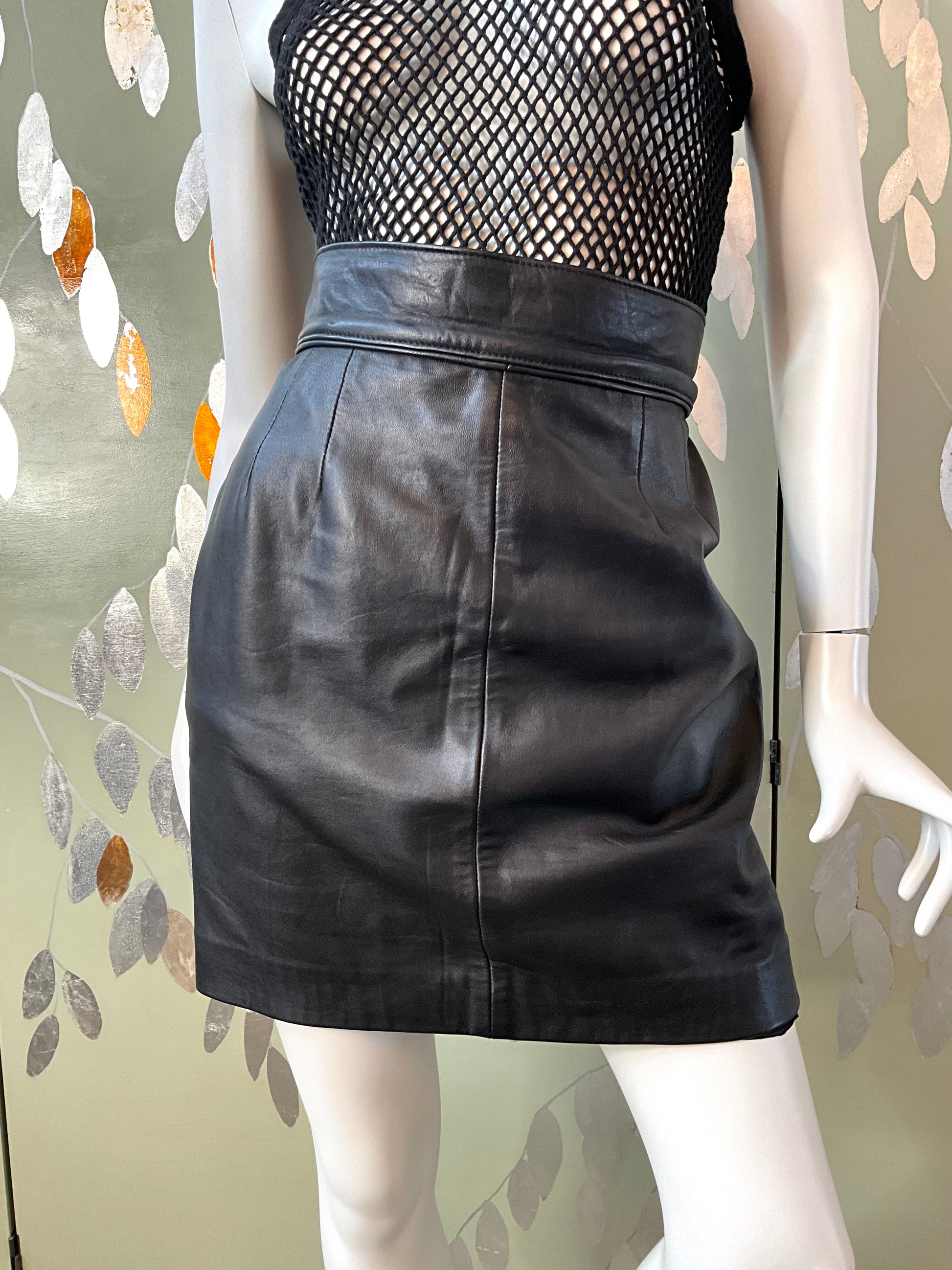 Vintage 1980s Black Leather Mini Skirt, Medium 