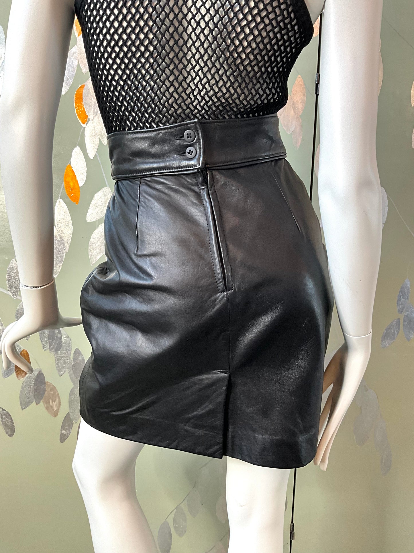 Vintage 1980s Black Leather Mini Skirt, Medium 