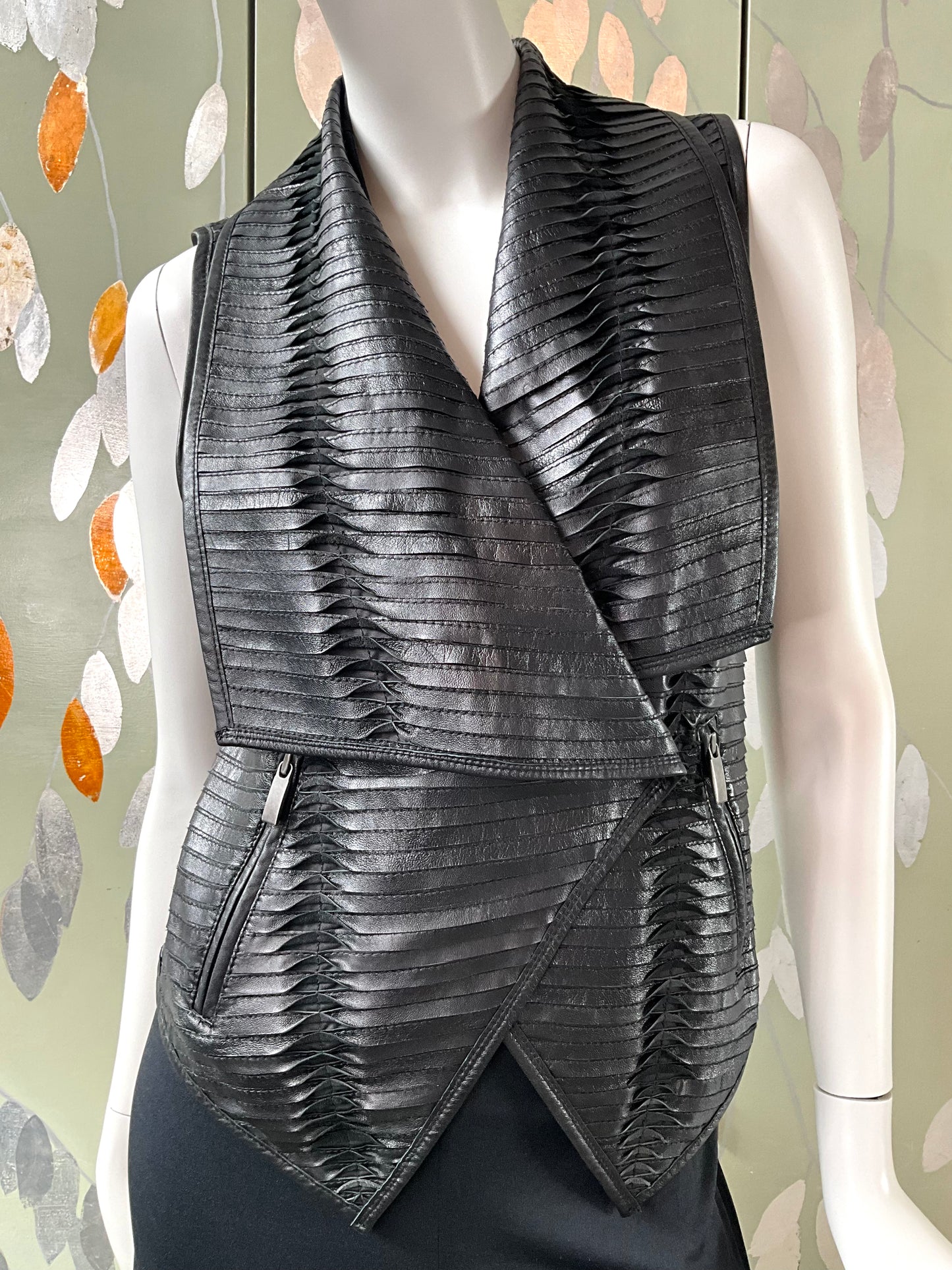 Black Pleated Leather Waistcoat with Drape Lapel, Small 