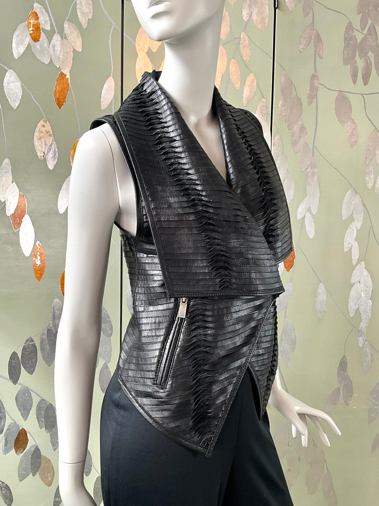 Black Pleated Leather Waistcoat with Drape Lapel, Small 