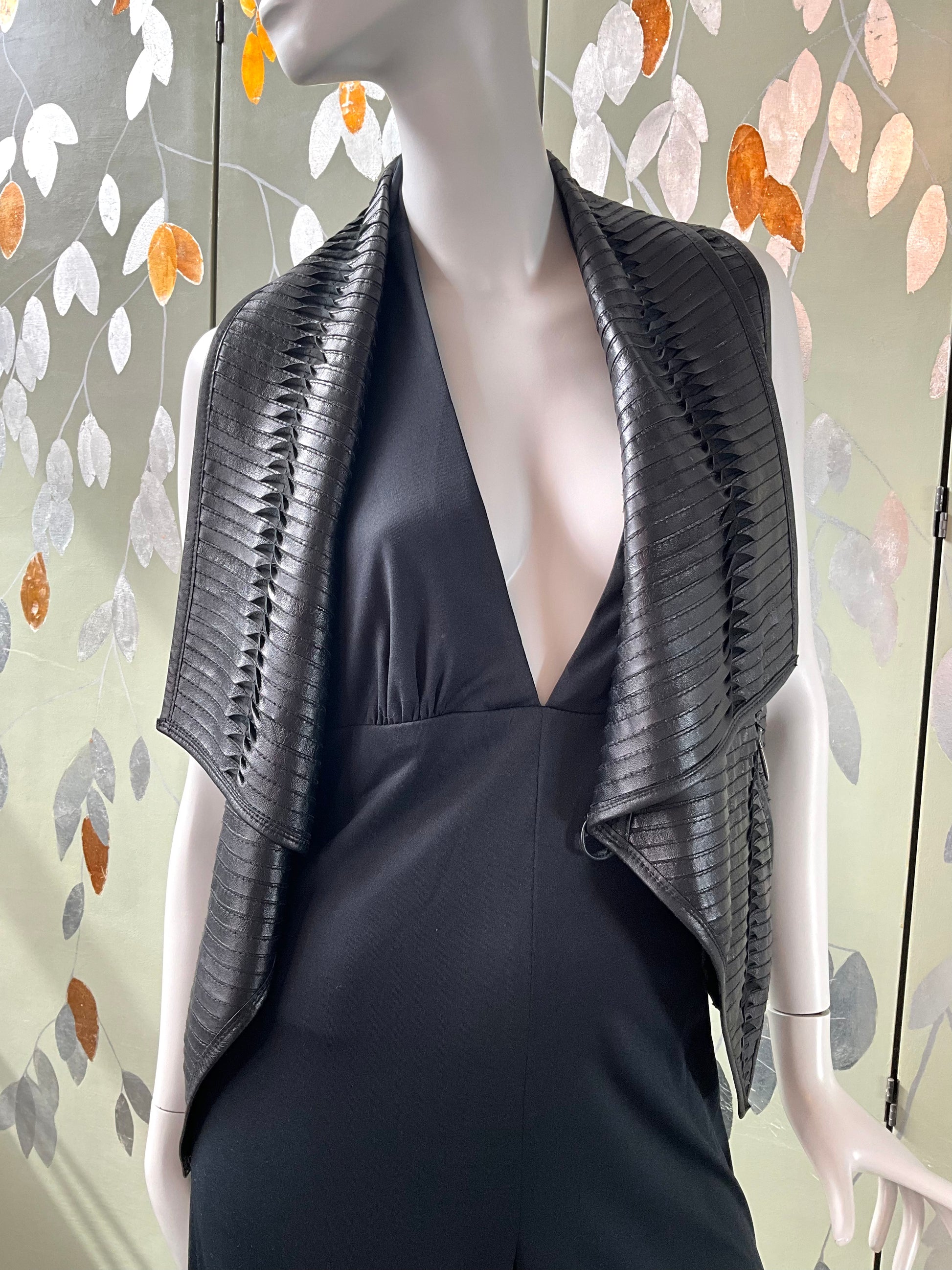 Black Pleated Leather Waistcoat with Drape Lapel, Small 