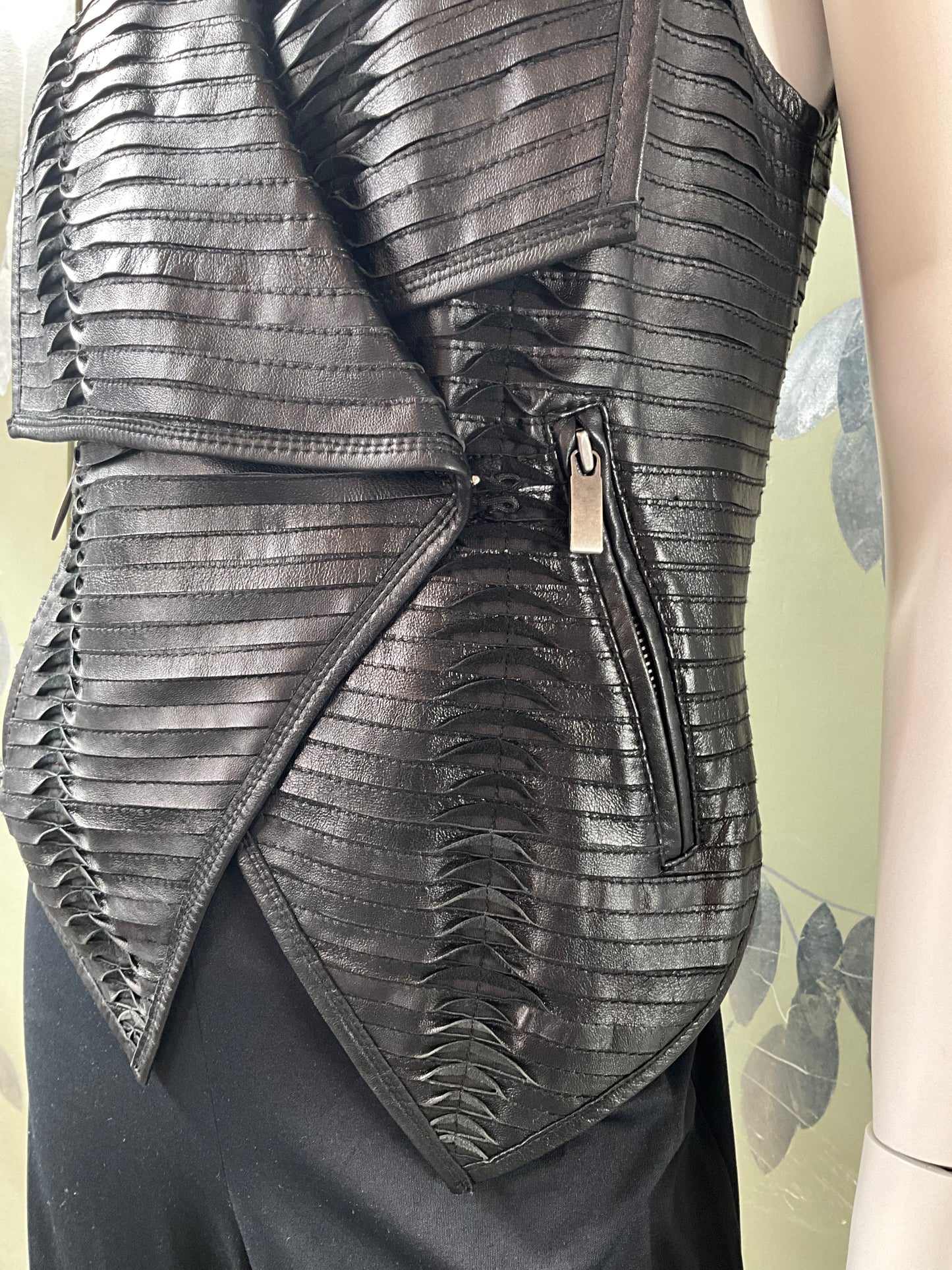 Black Pleated Leather Waistcoat with Drape Lapel, Small 