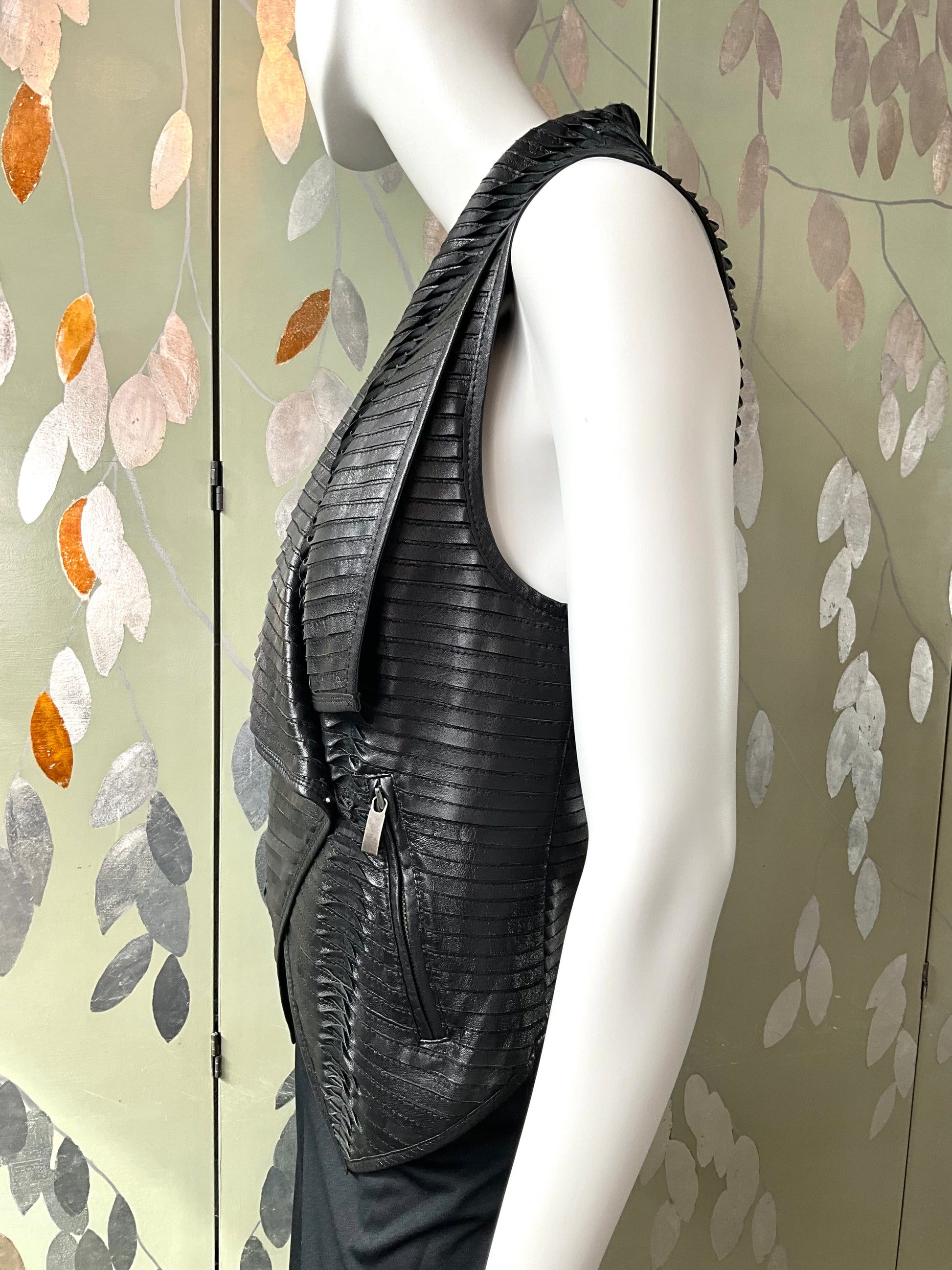 Black Pleated Leather Waistcoat with Drape Lapel, Small 