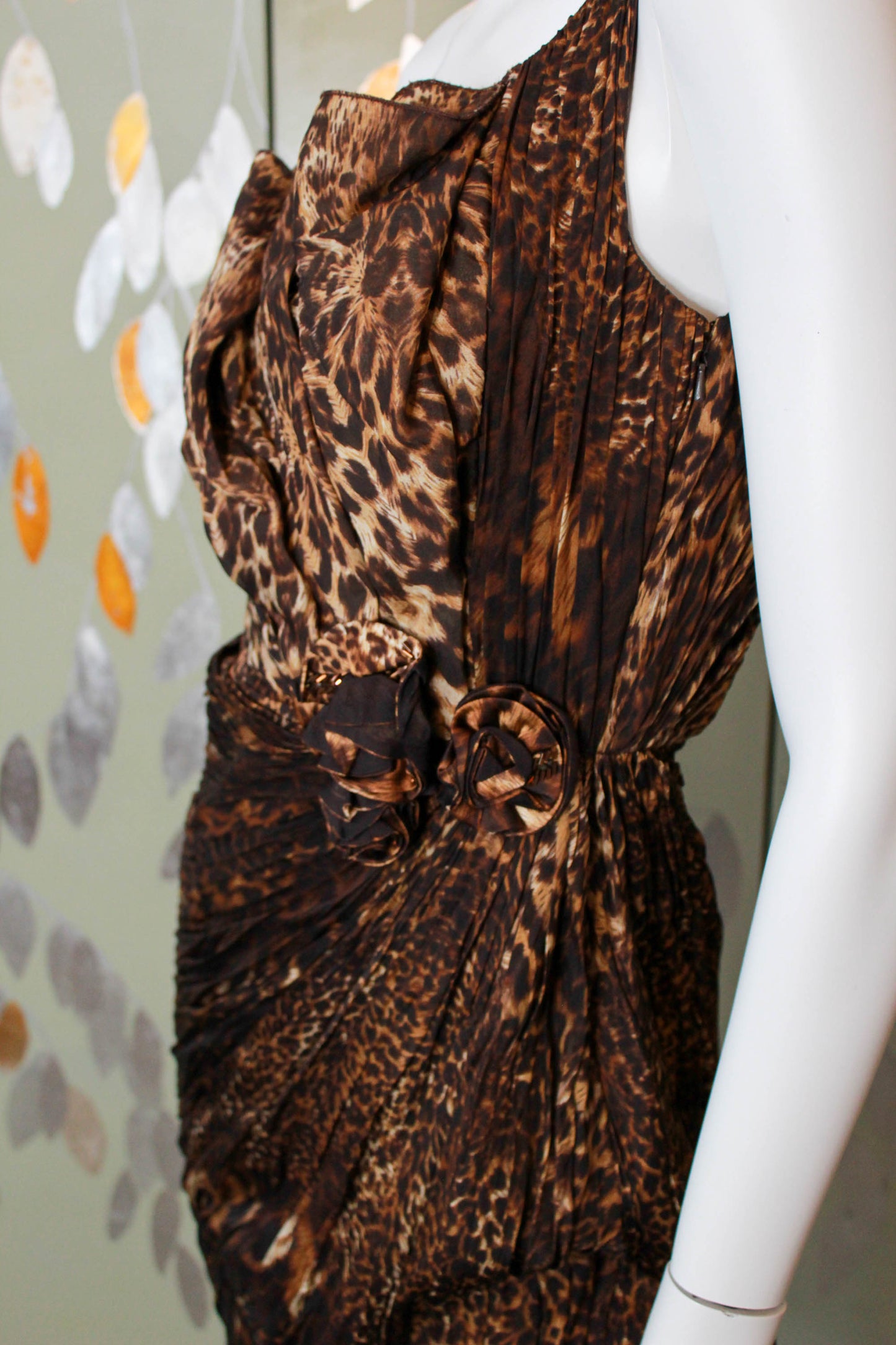 y2k Silk Ocelot/Leopard Print One Shoulder Cocktail Dress, Small