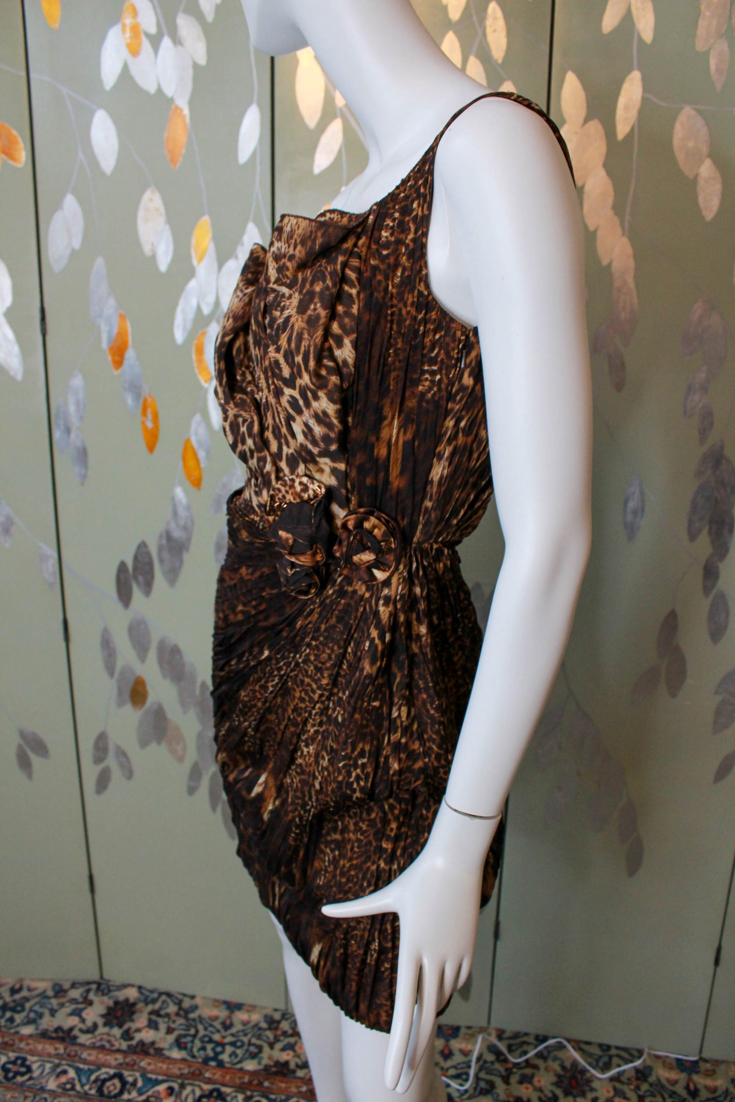 y2k Silk Ocelot/Leopard Print One Shoulder Cocktail Dress, Small
