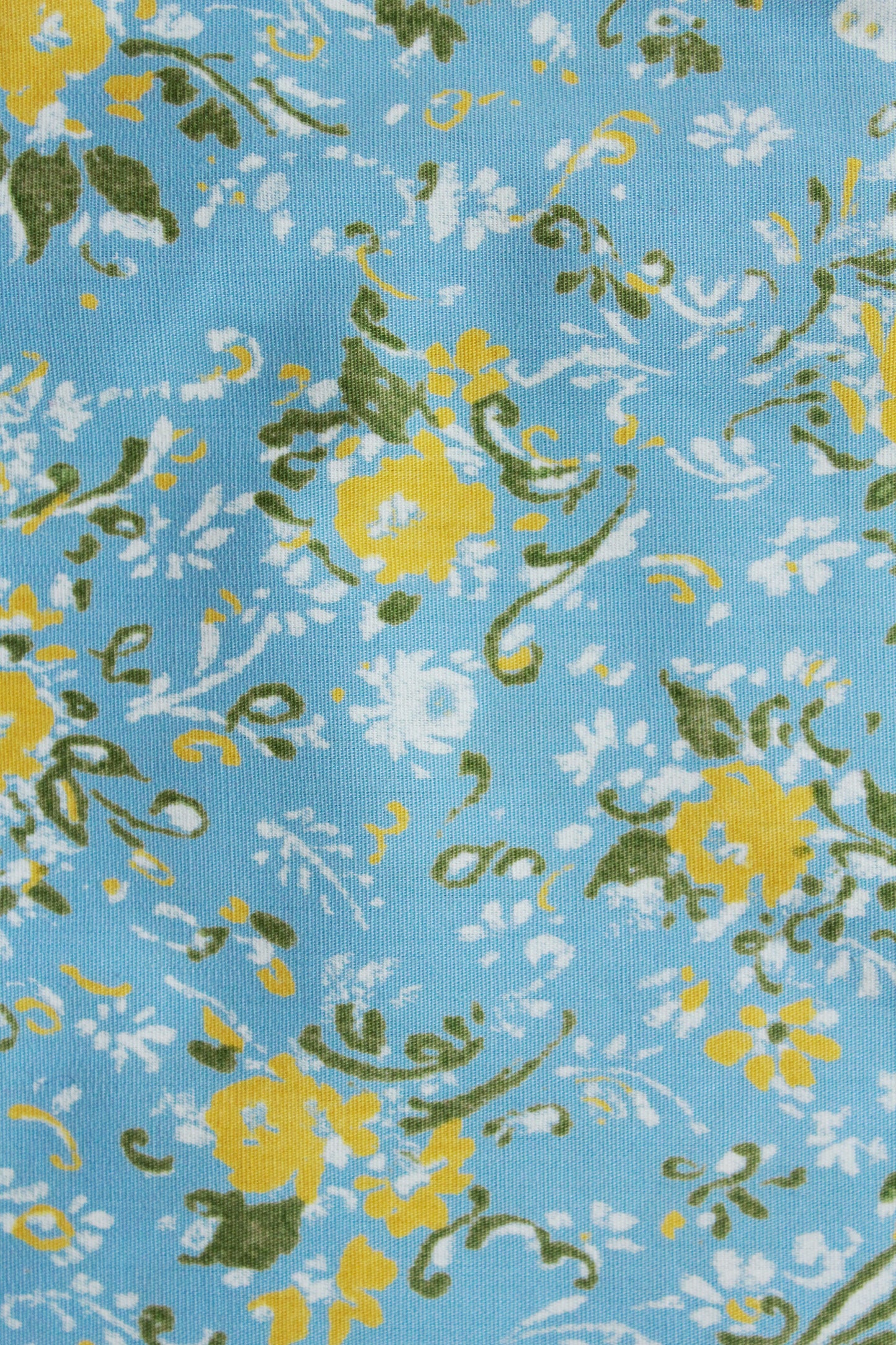 Vintage 1960s Deadstock Floral Print Cotton Fabric, Light blue/yellow/white, 5 Yards, Vintage Summer Fabric