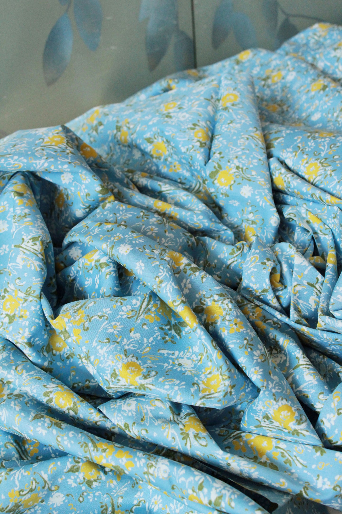 Vintage 1960s Deadstock Floral Print Cotton Fabric, Light blue/yellow/white, 5 Yards, Vintage Summer Fabric