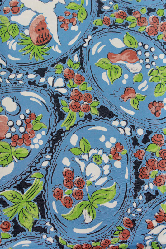Vintage 1940s Light Blue Rayon In Fruit Bowl And Floral Print, 1.5 Yards