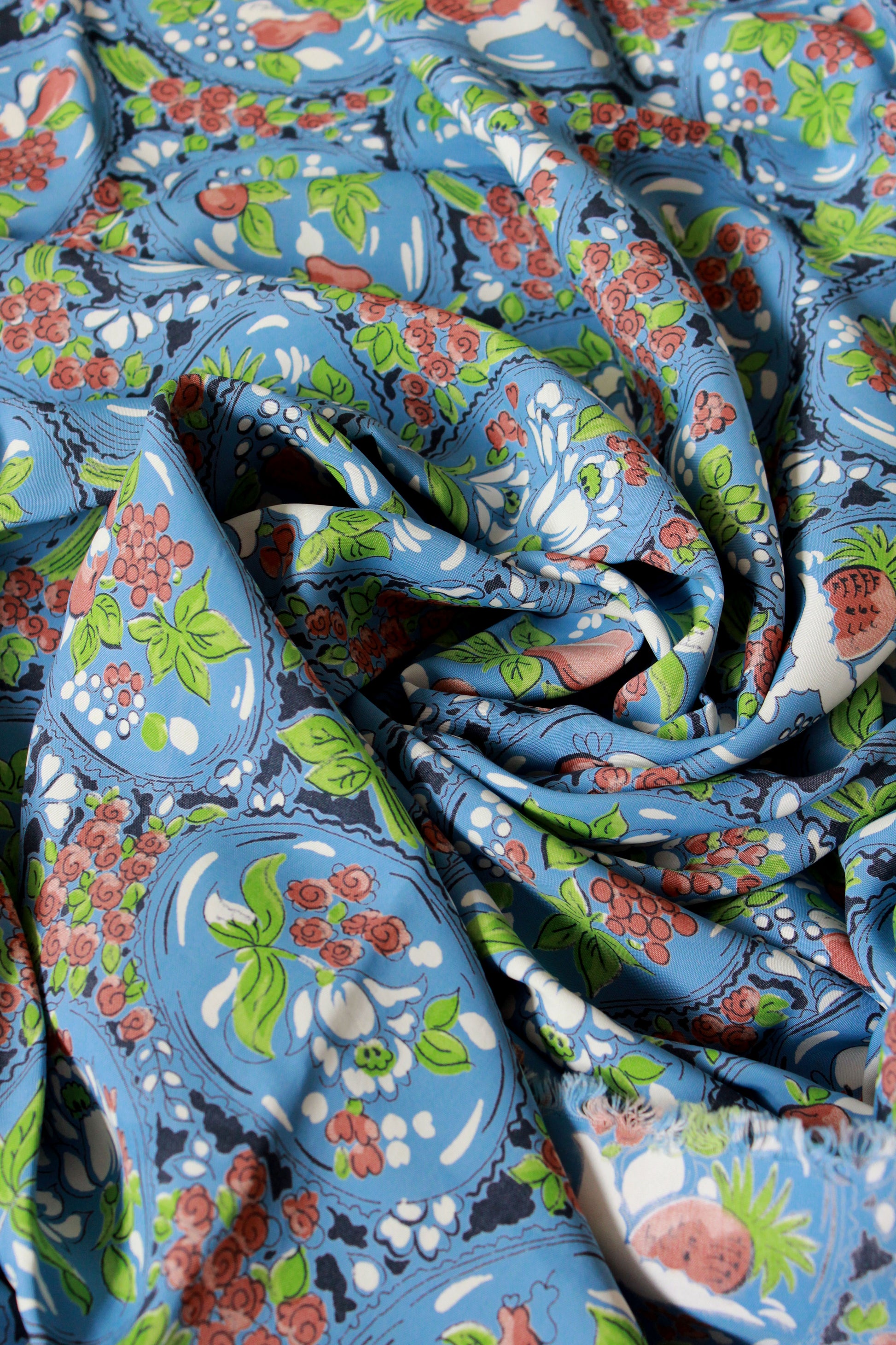 Vintage 1940s Light Blue Rayon In Fruit Bowl And Floral Print, 1.5 Yards