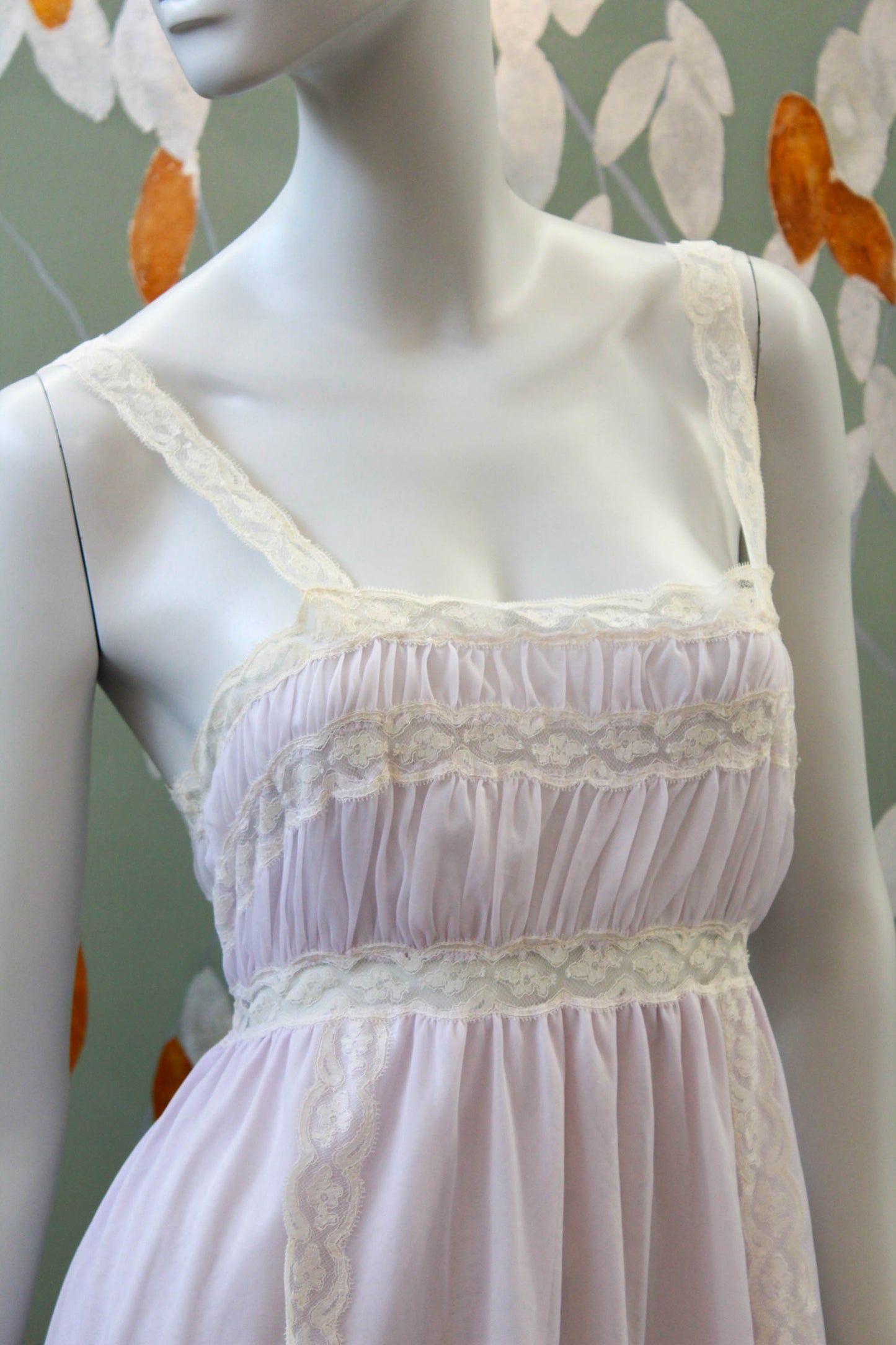 1960s pale lilac slip nightgown with lace straps and insets and trim, satin ribbon waist tie, coquette romantic aesthetic feminine vintage dressing gown