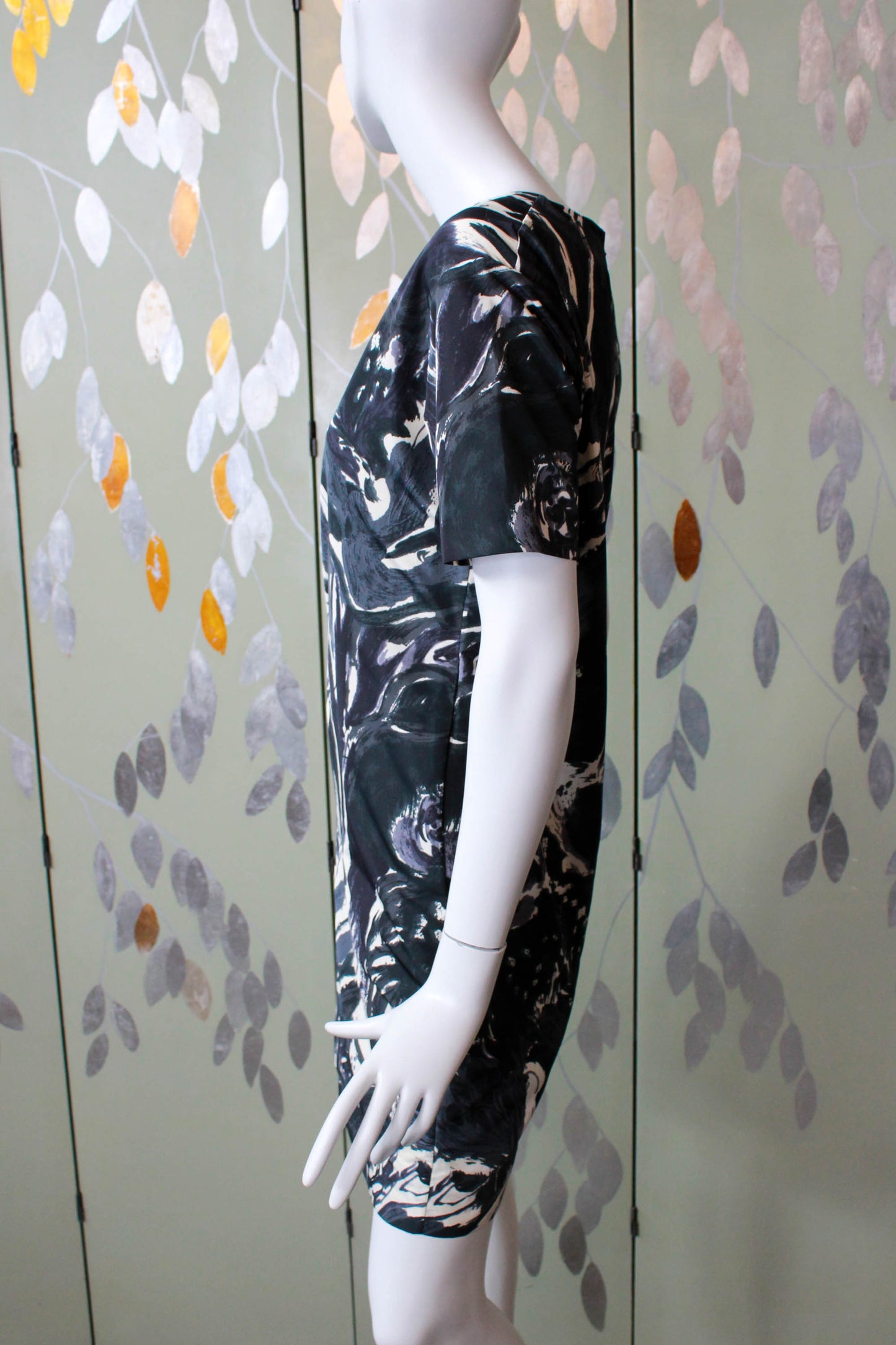y2k marni charcoal grey and white graphic print short sleeve shift dress, relaxed fit, pockets